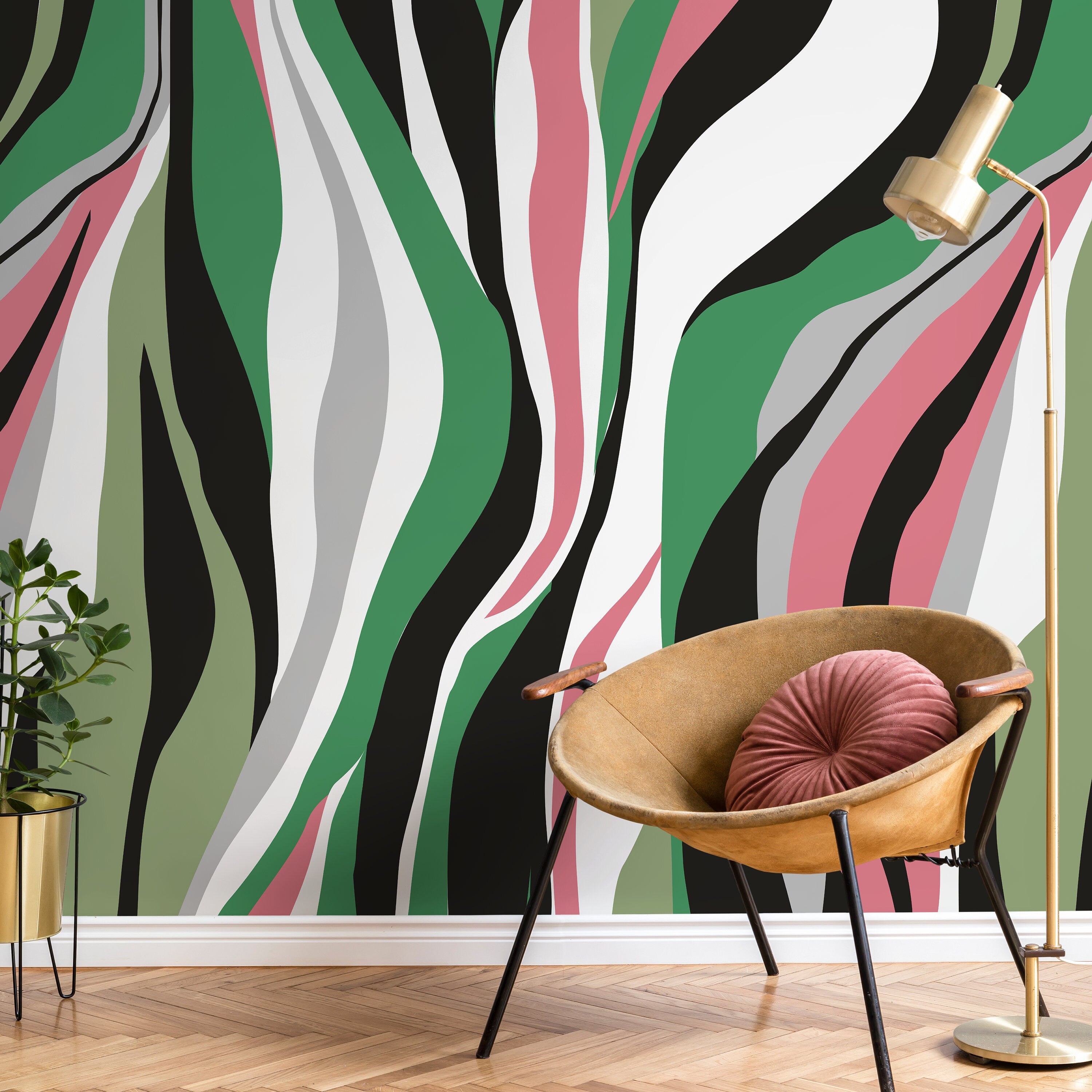 Abstract Wallpaper With Flowing Organic Waves In Green, Pink, And Black - D611