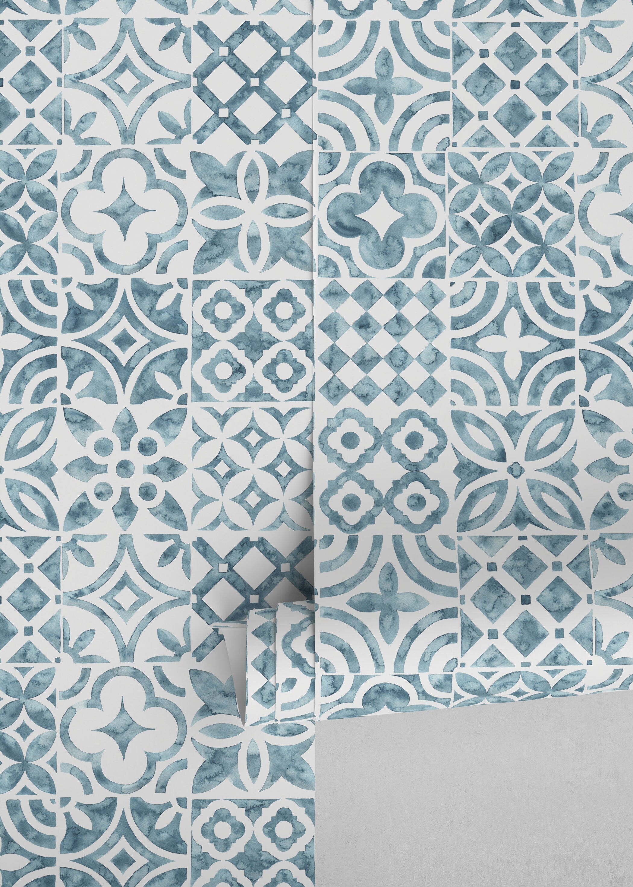 Tile Wallpaper With A Watercolor Patchwork Motif In Blue - D526