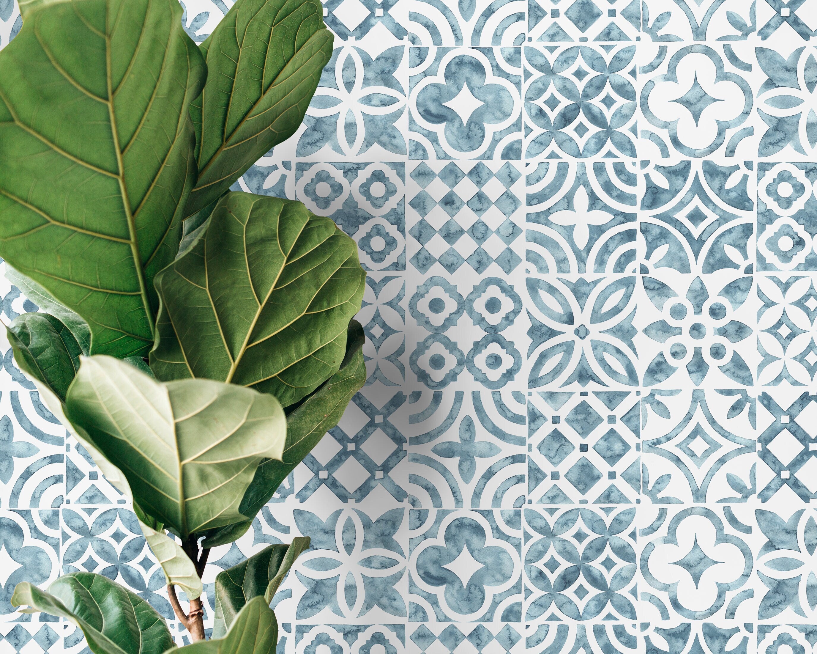 Tile Wallpaper With A Watercolor Patchwork Motif In Blue - D526