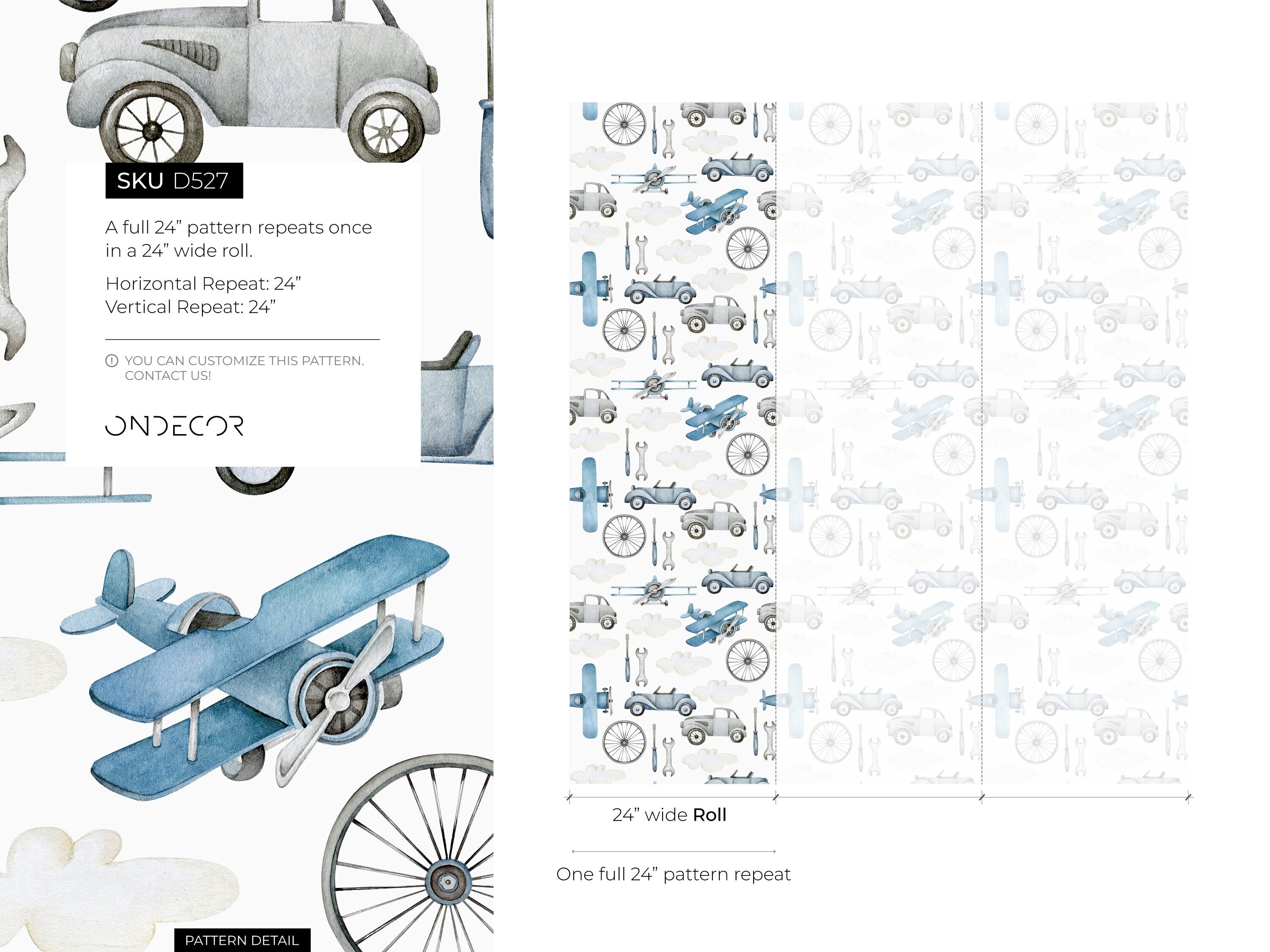 Transportation Wallpaper With Vintage Airplanes And Cars In Blue And Gray - D527