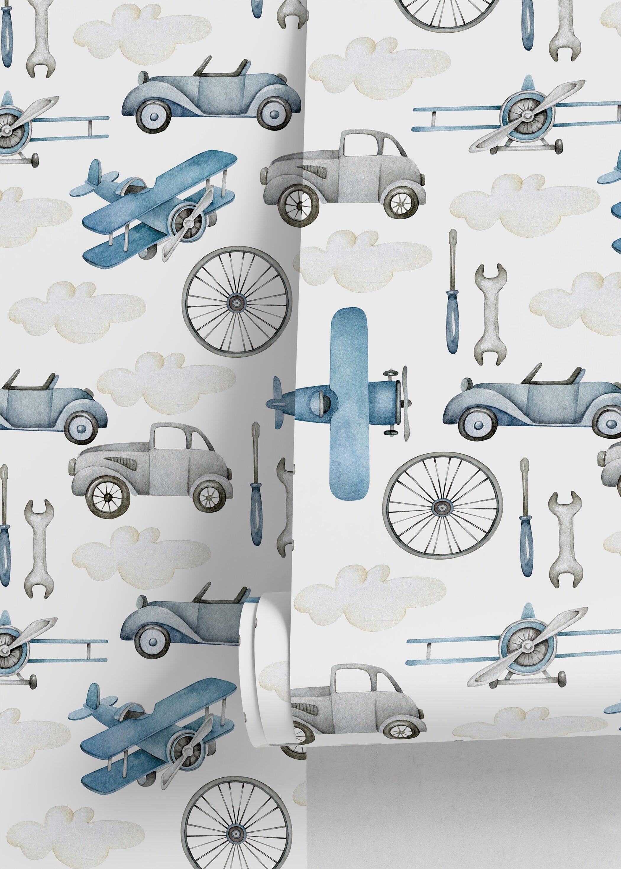 Transportation Wallpaper With Vintage Airplanes And Cars In Blue And Gray - D527