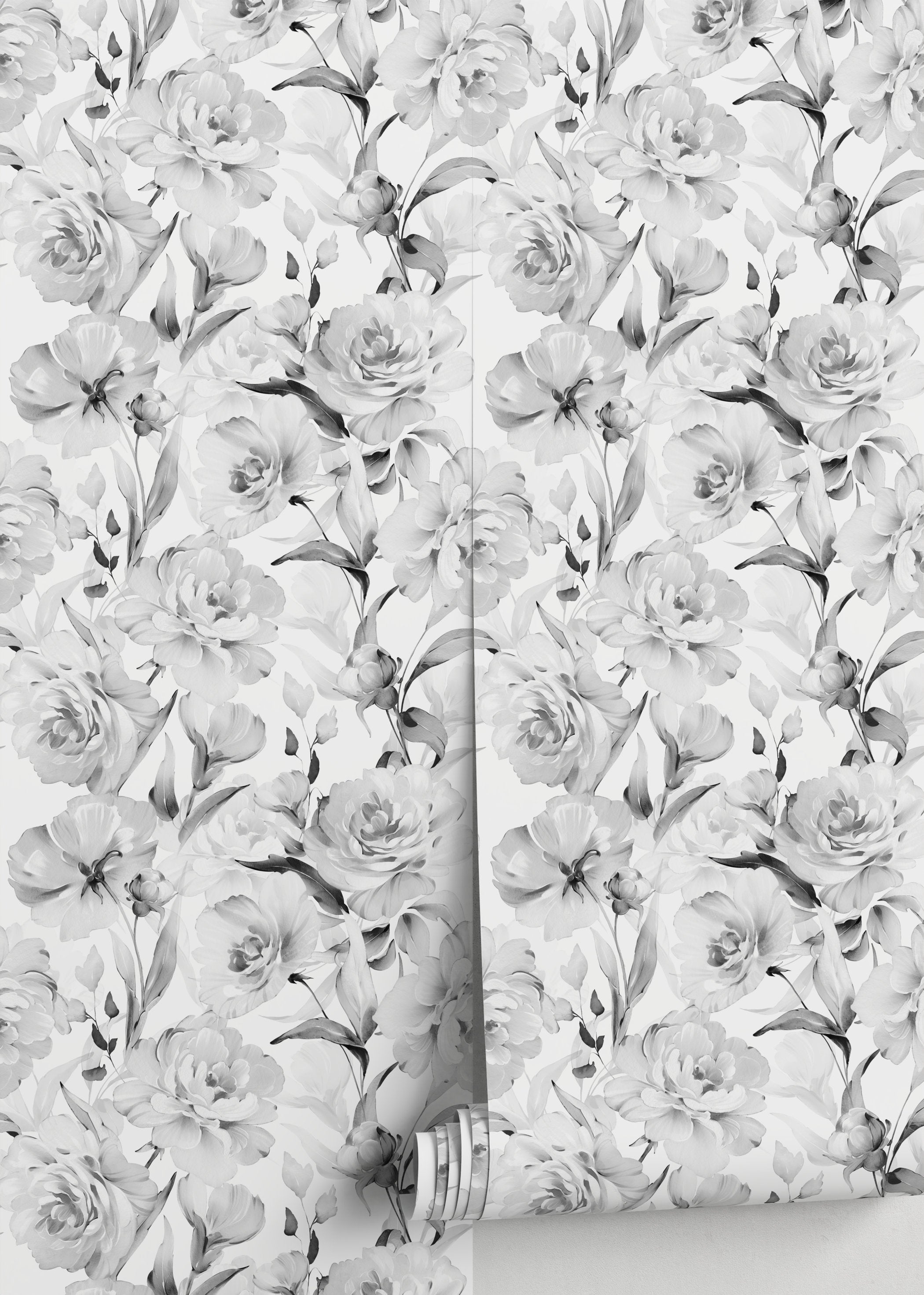 Vintage Wallpaper With A Painterly Peony Motif In Gray And Black - D529
