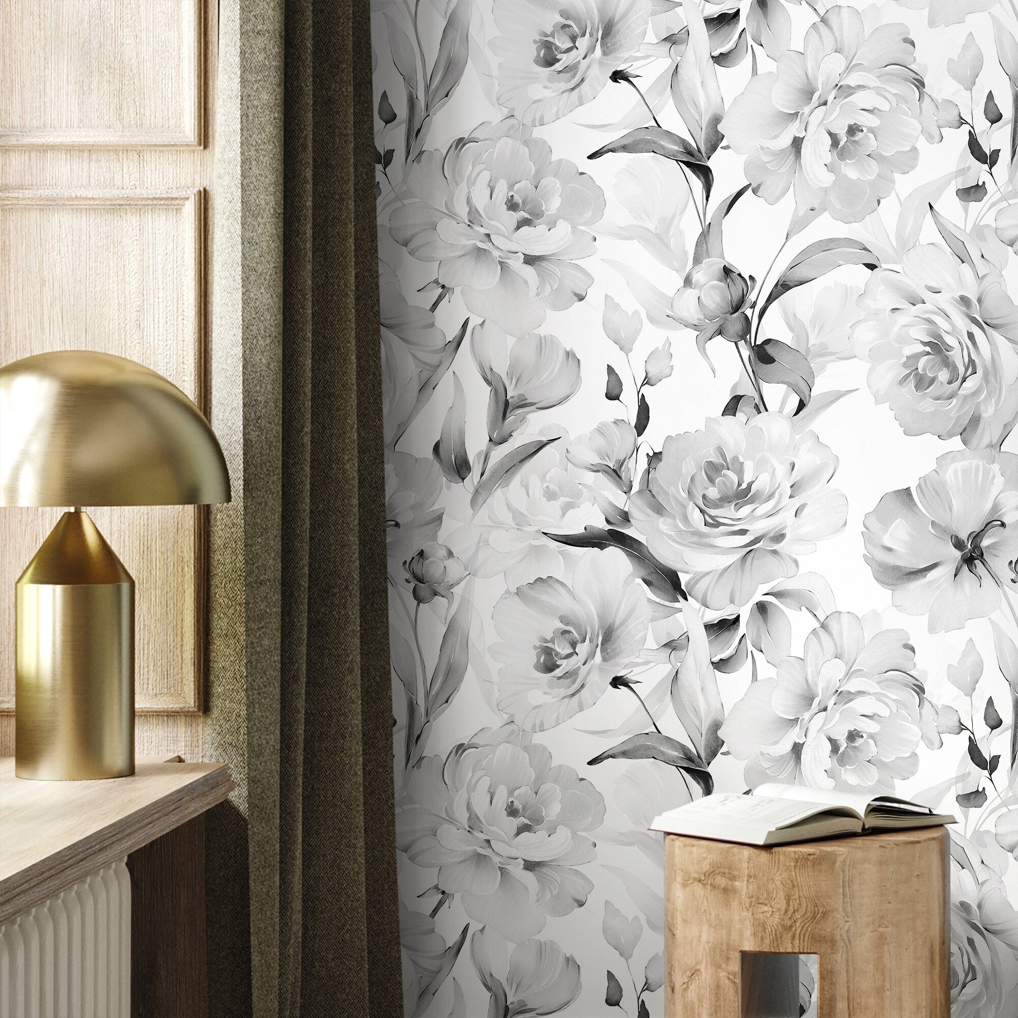 Vintage Wallpaper With A Painterly Peony Motif In Gray And Black - D529