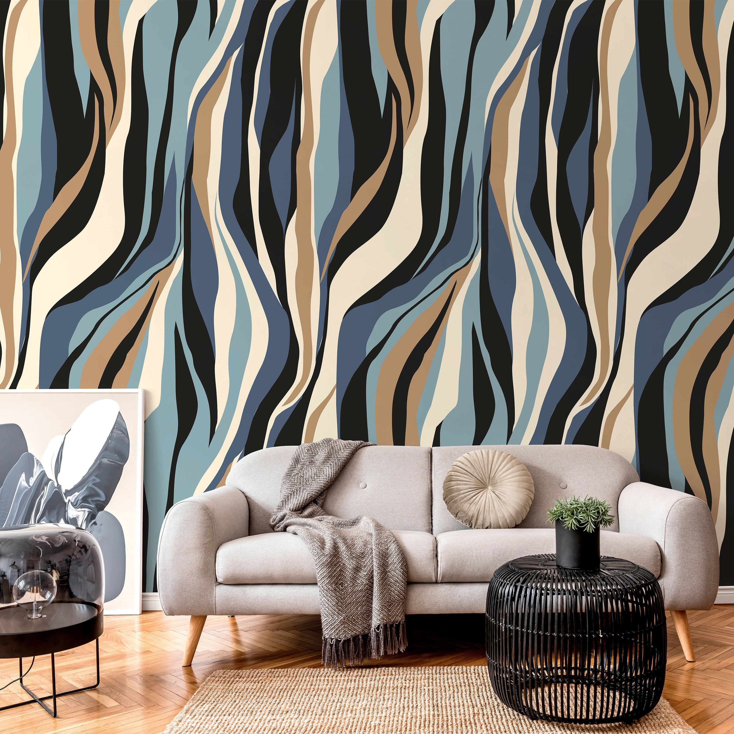 Abstract Wallpaper With Flowing Vertical Waves In Blue, Tan, And Black - D614