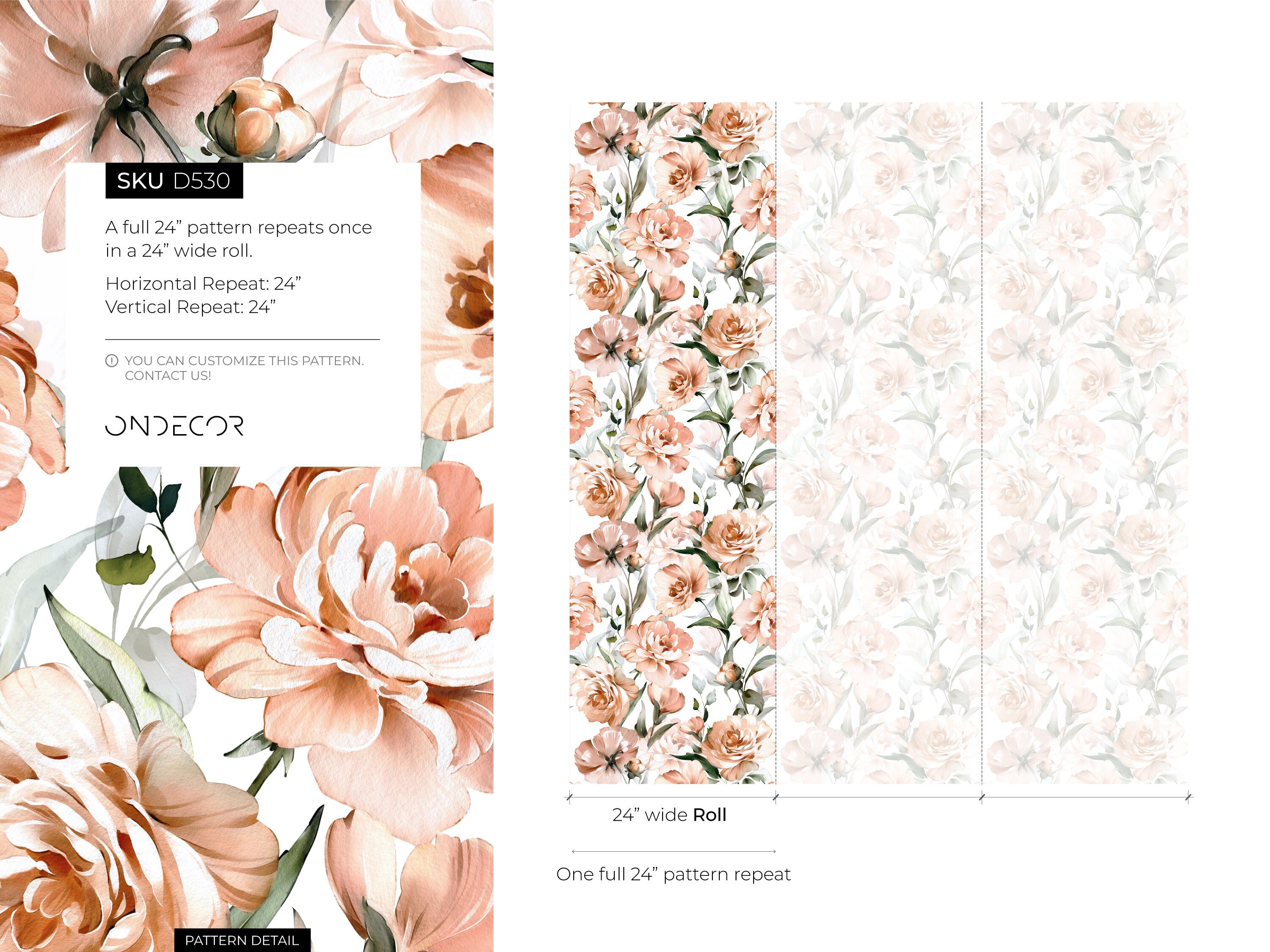 Floral Wallpaper Featuring Watercolor Peonies In Peach, Pink, And Green - D530