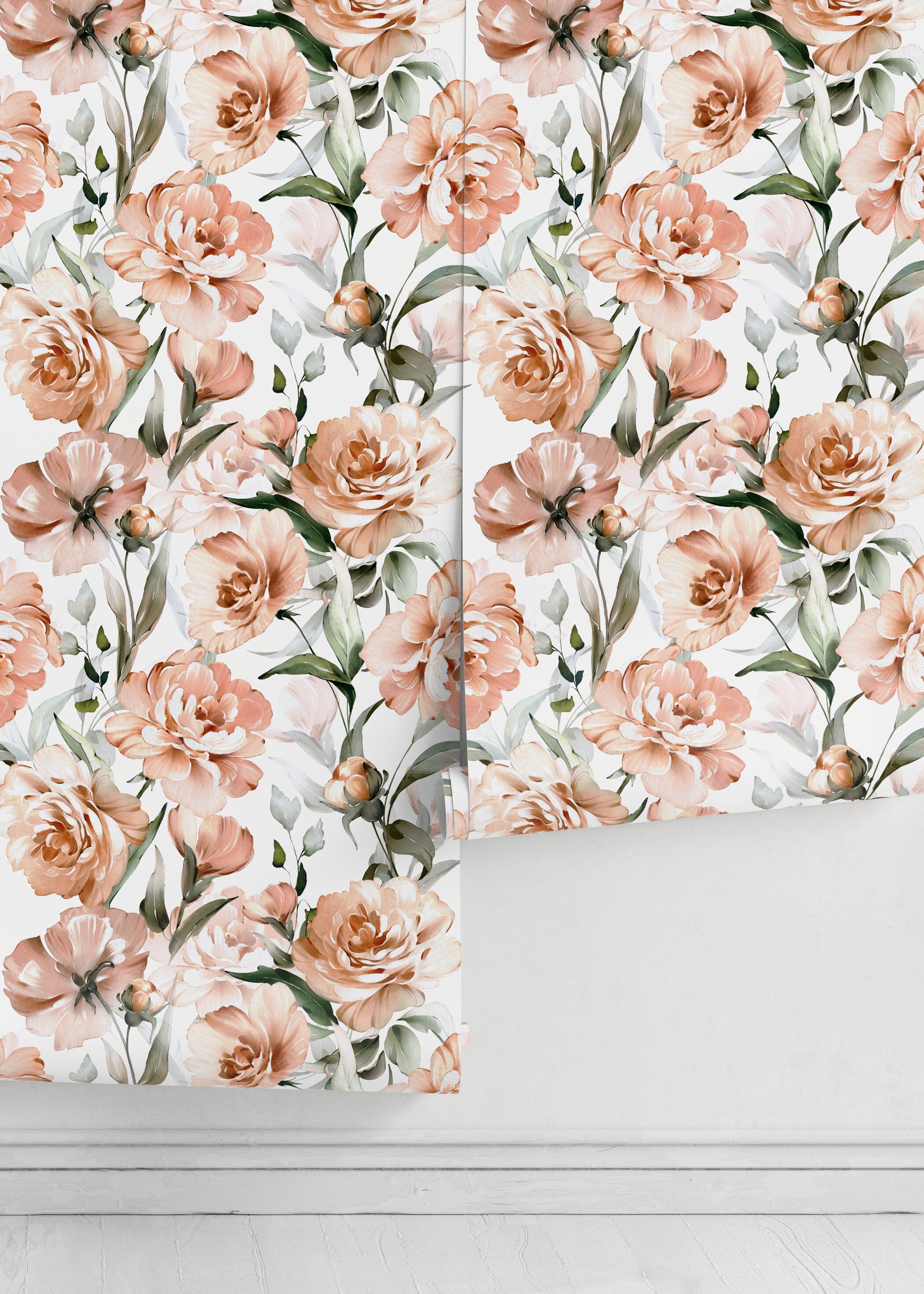 Floral Wallpaper Featuring Watercolor Peonies In Peach, Pink, And Green - D530