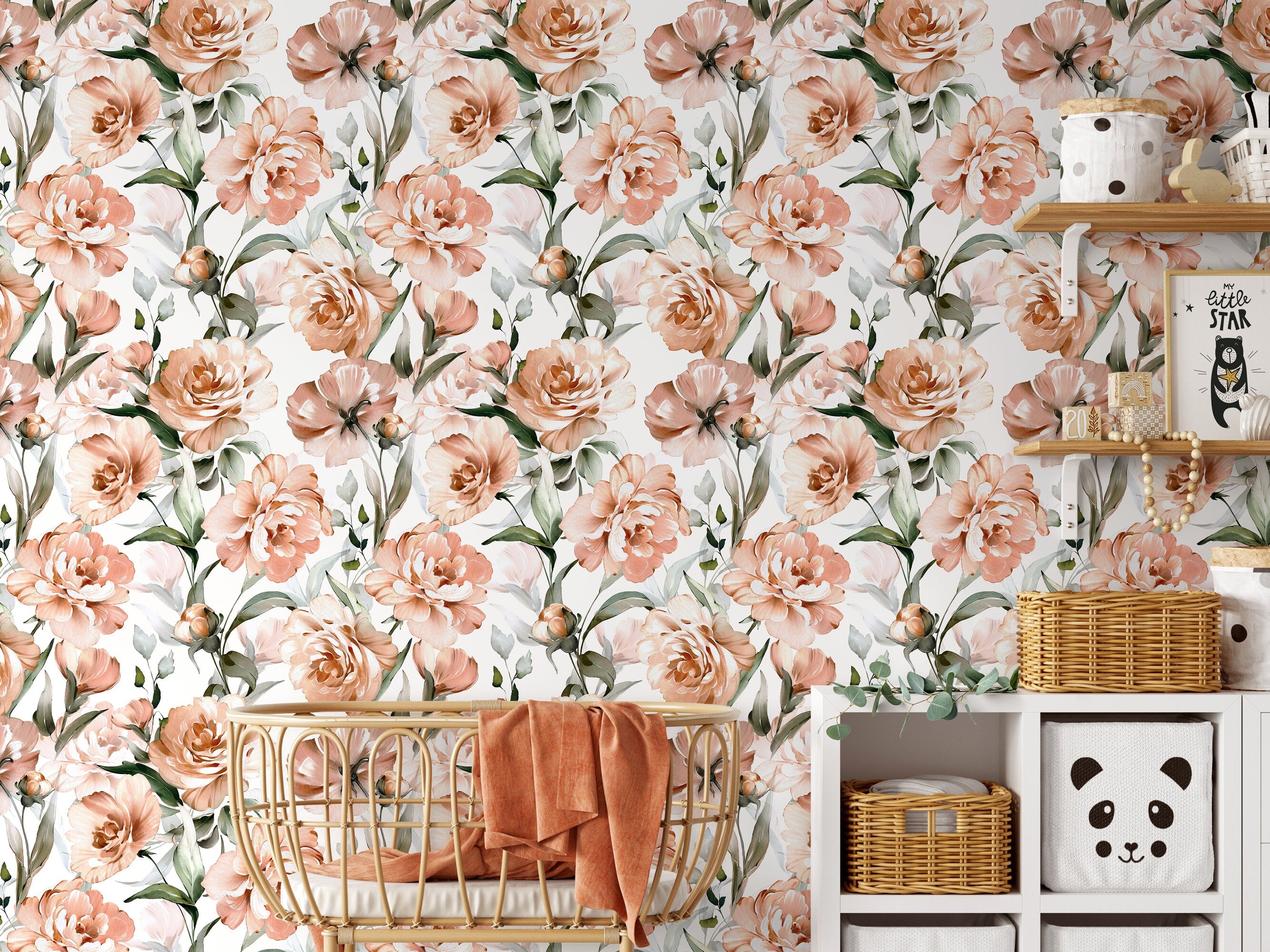 Floral Wallpaper Featuring Watercolor Peonies In Peach, Pink, And Green - D530