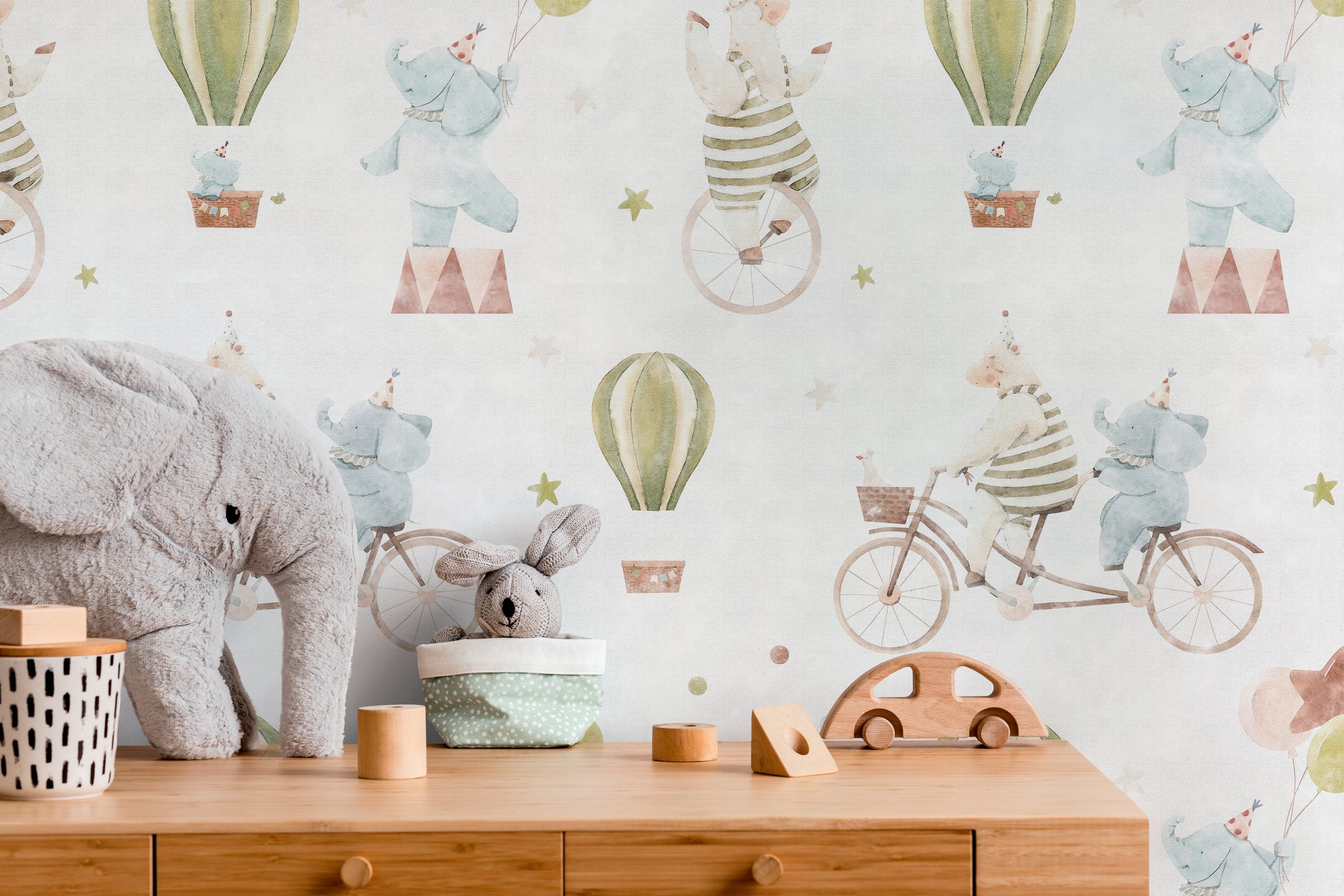 Circus Wallpaper With Watercolor Animals In Blue, Green, And Pink - D531