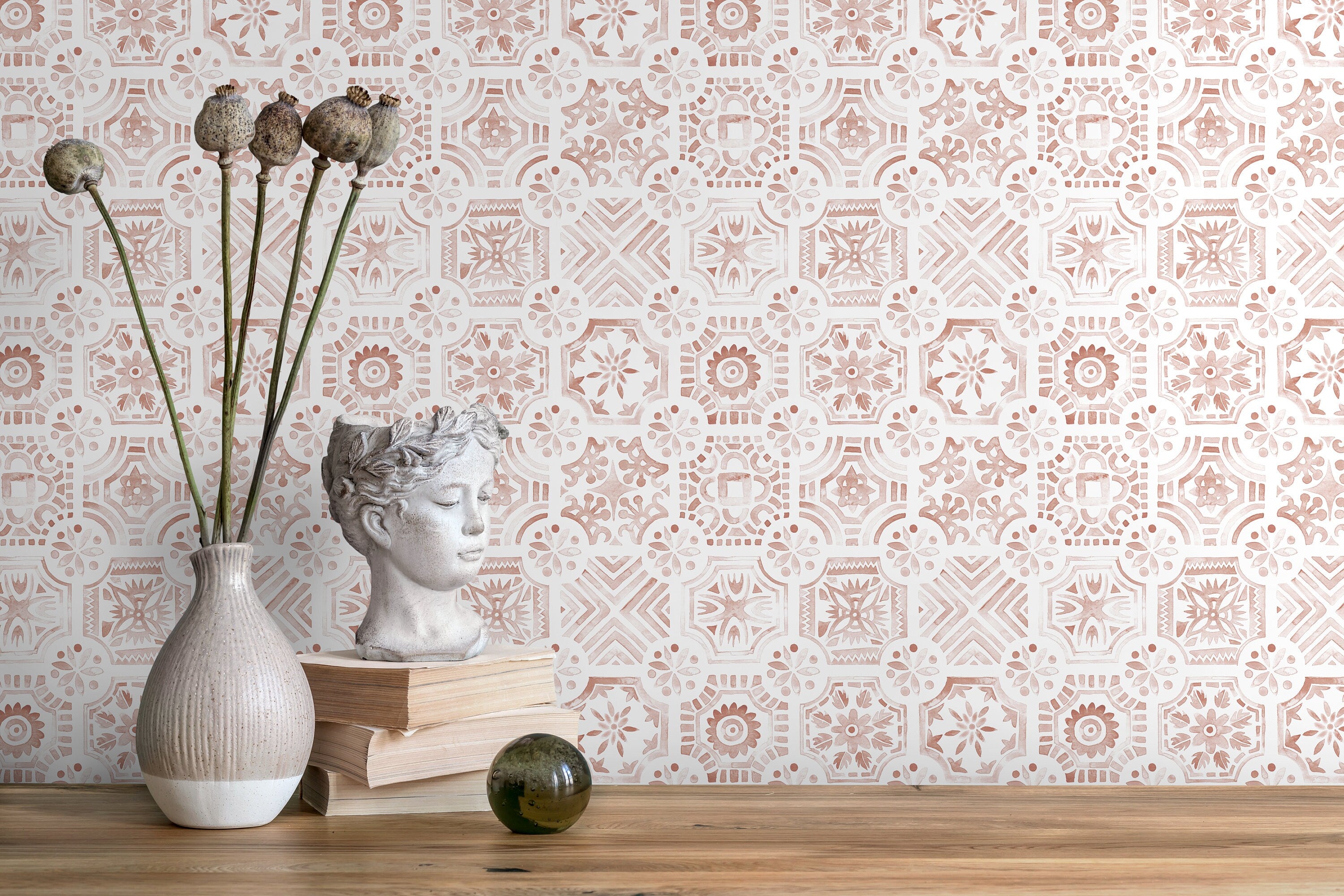 Tile Wallpaper With A Watercolor Moroccan Motif In Terracotta Red - D533