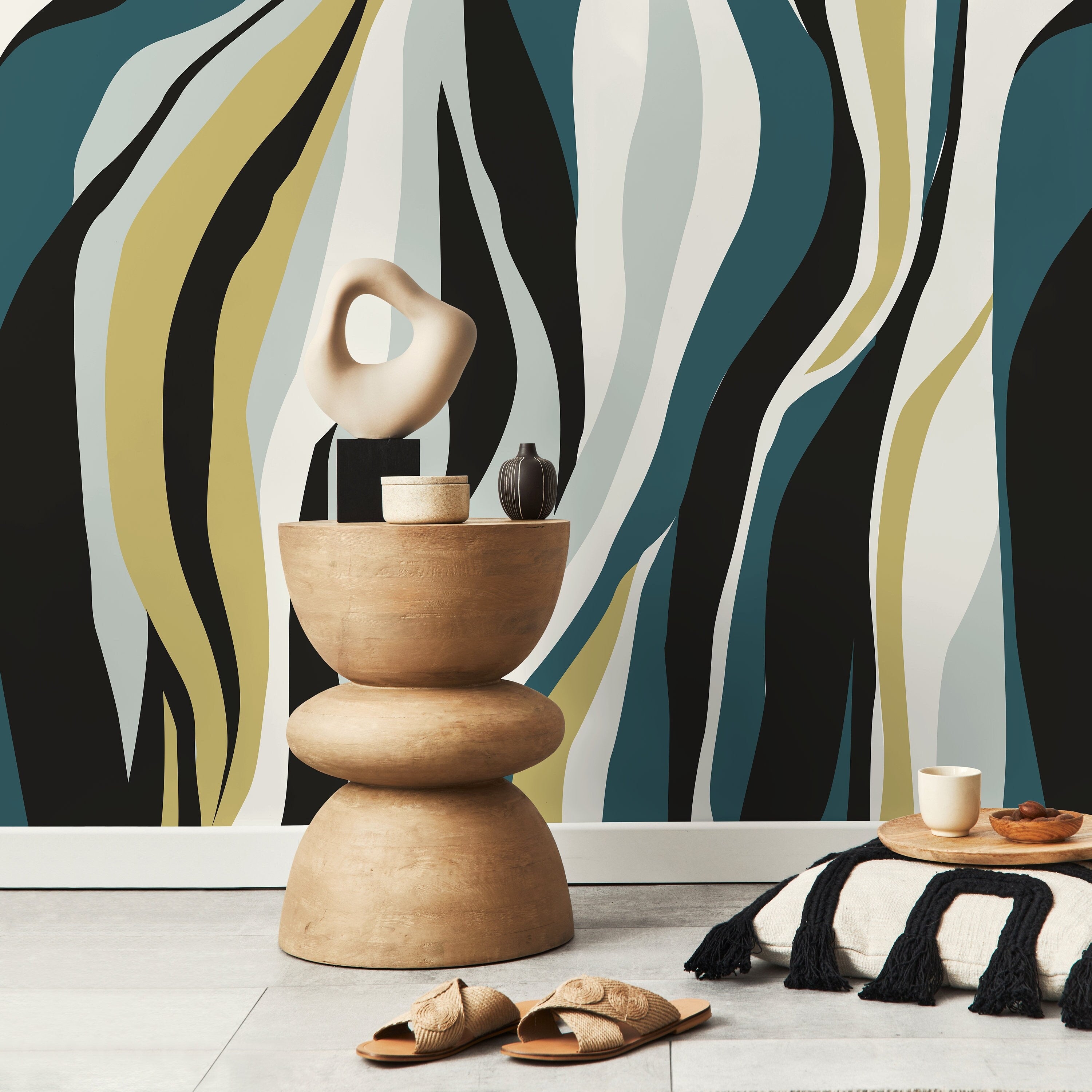 Abstract Wallpaper With Flowing Organic Stripes In Teal, Yellow, And Black - D615