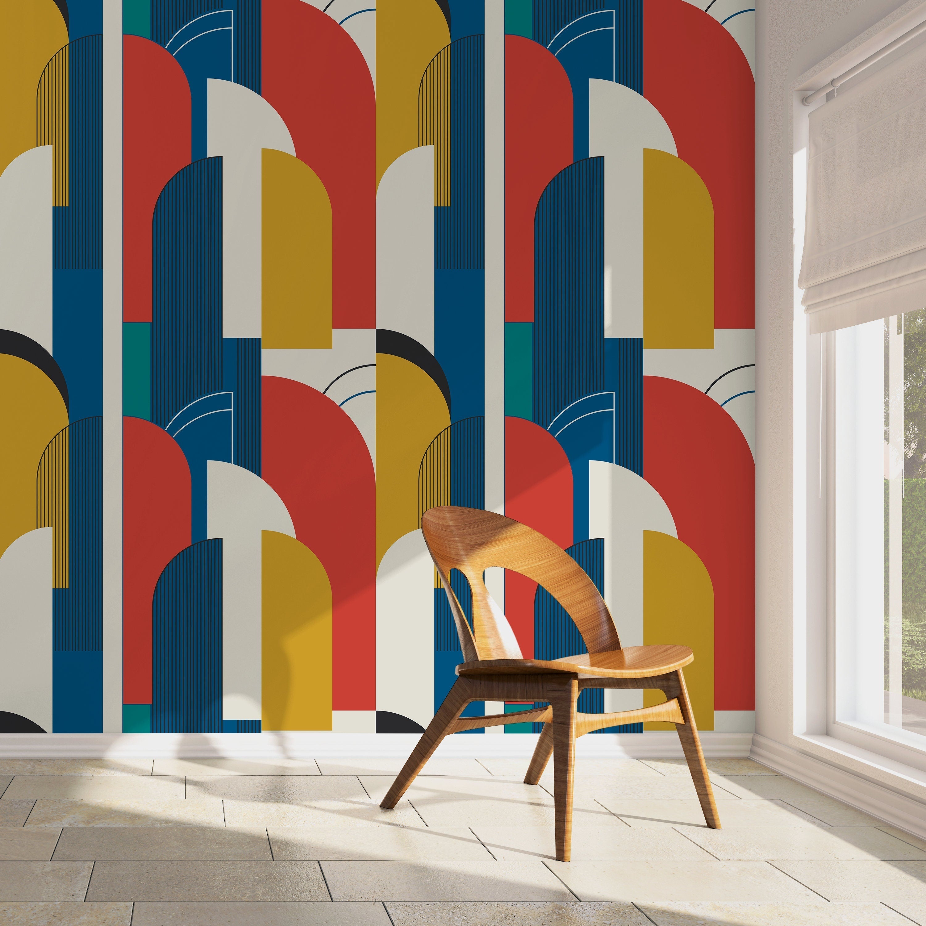 Art Deco Wallpaper With Bold Architectural Shapes In Blue, Red, And Yellow - D620