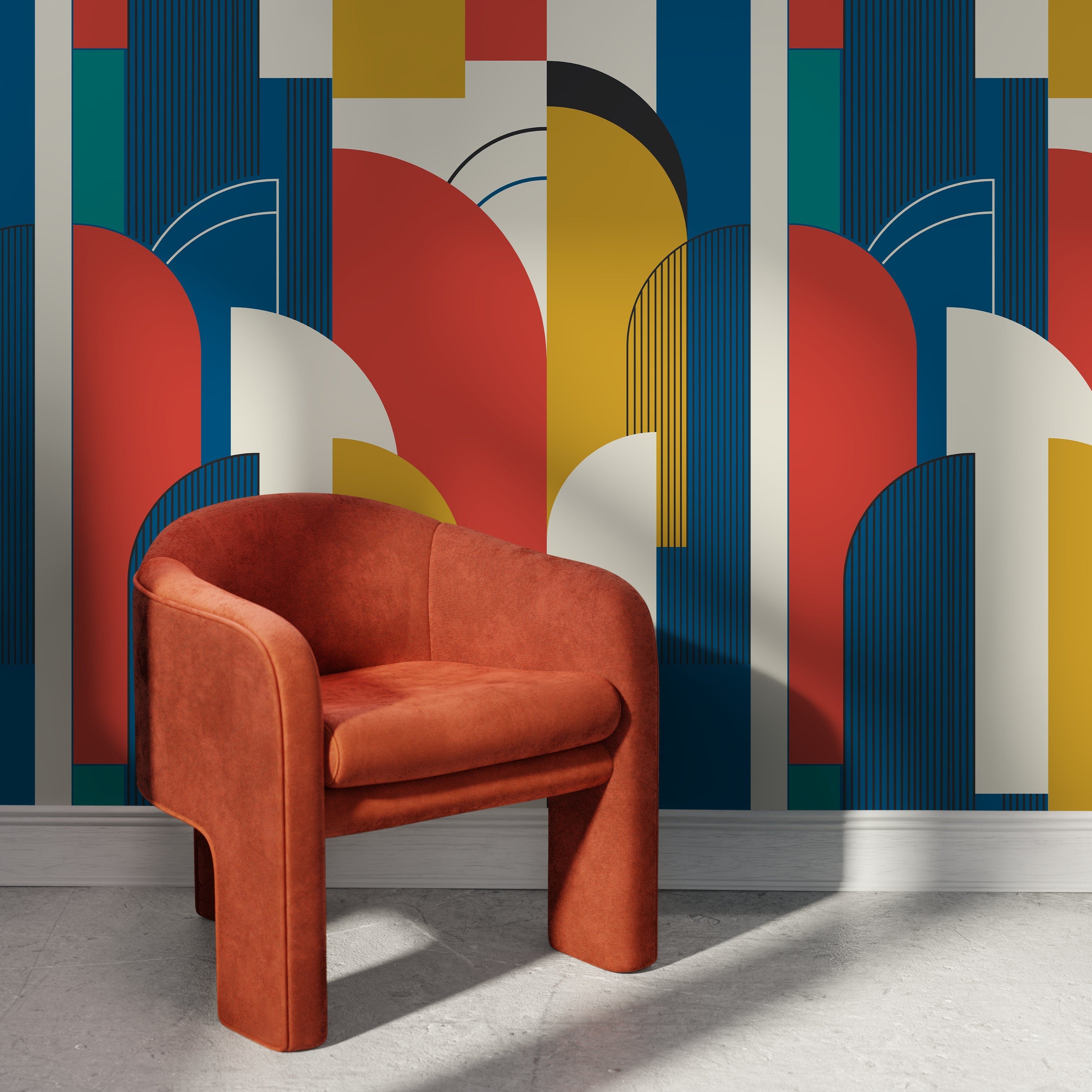 Art Deco Wallpaper With Bold Architectural Shapes In Blue, Red, And Yellow - D620
