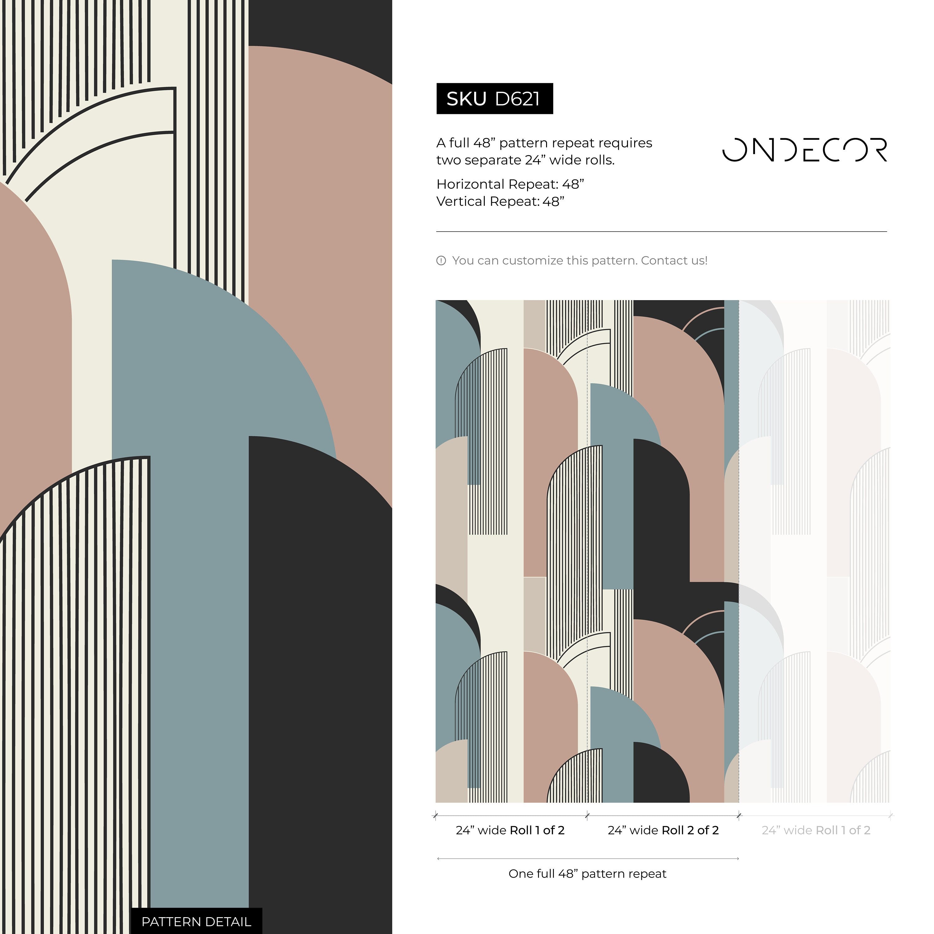 Geometric Wallpaper With An Art Deco Arch Motif In Pink, Blue, And Grey - D621