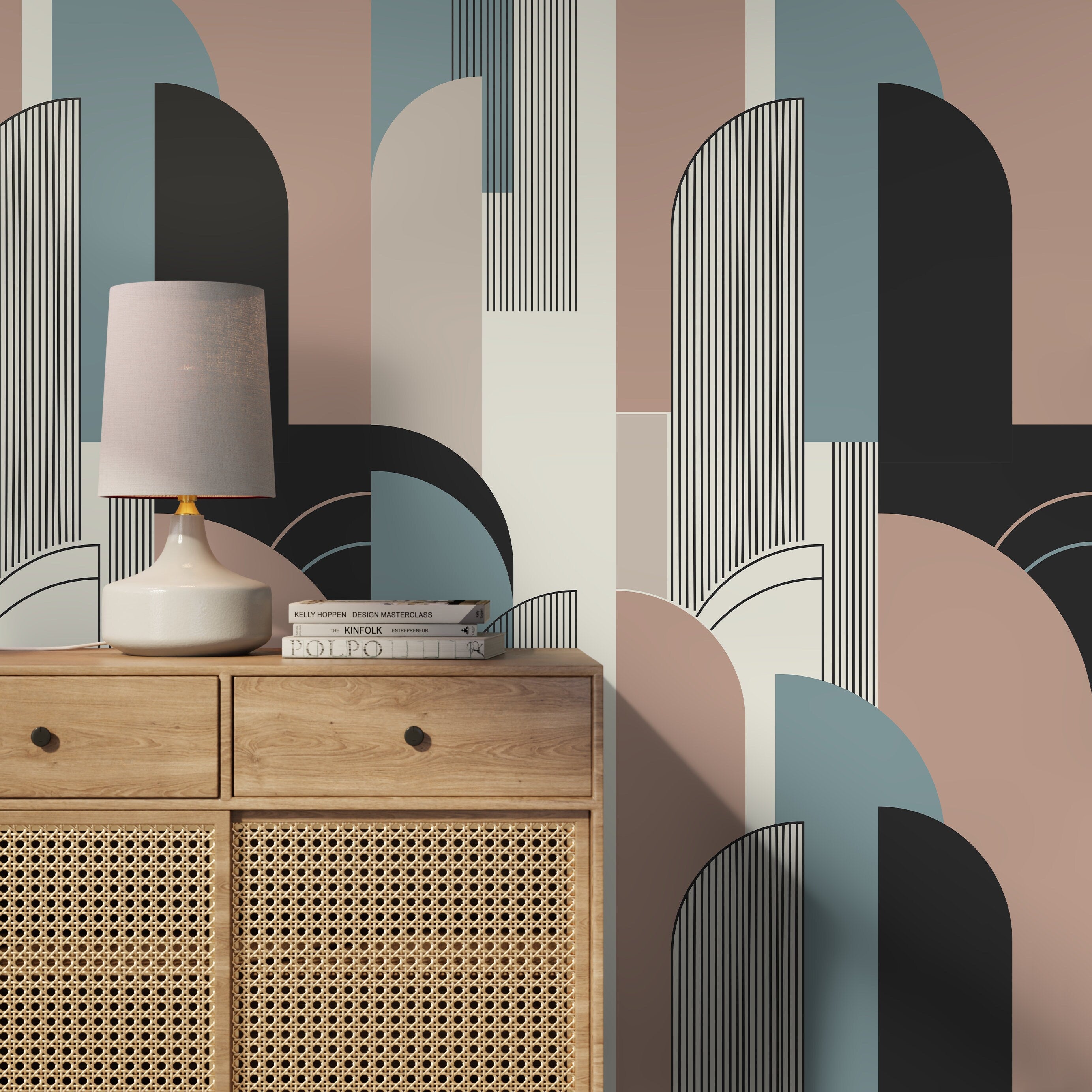Geometric Wallpaper With An Art Deco Arch Motif In Pink, Blue, And Grey - D621