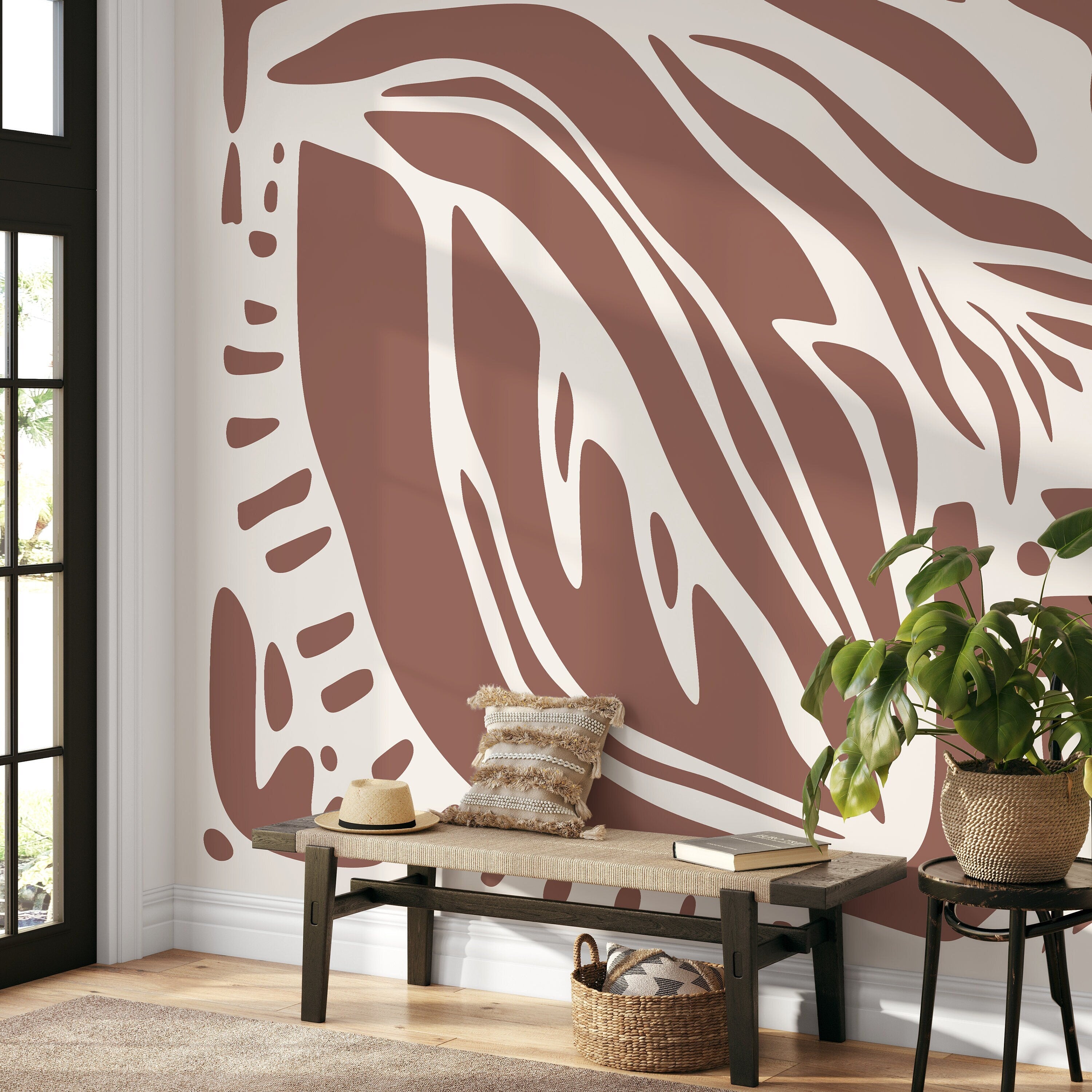 Abstract Wallpaper With Organic Cut-out Shapes In Brown And Cream - D622