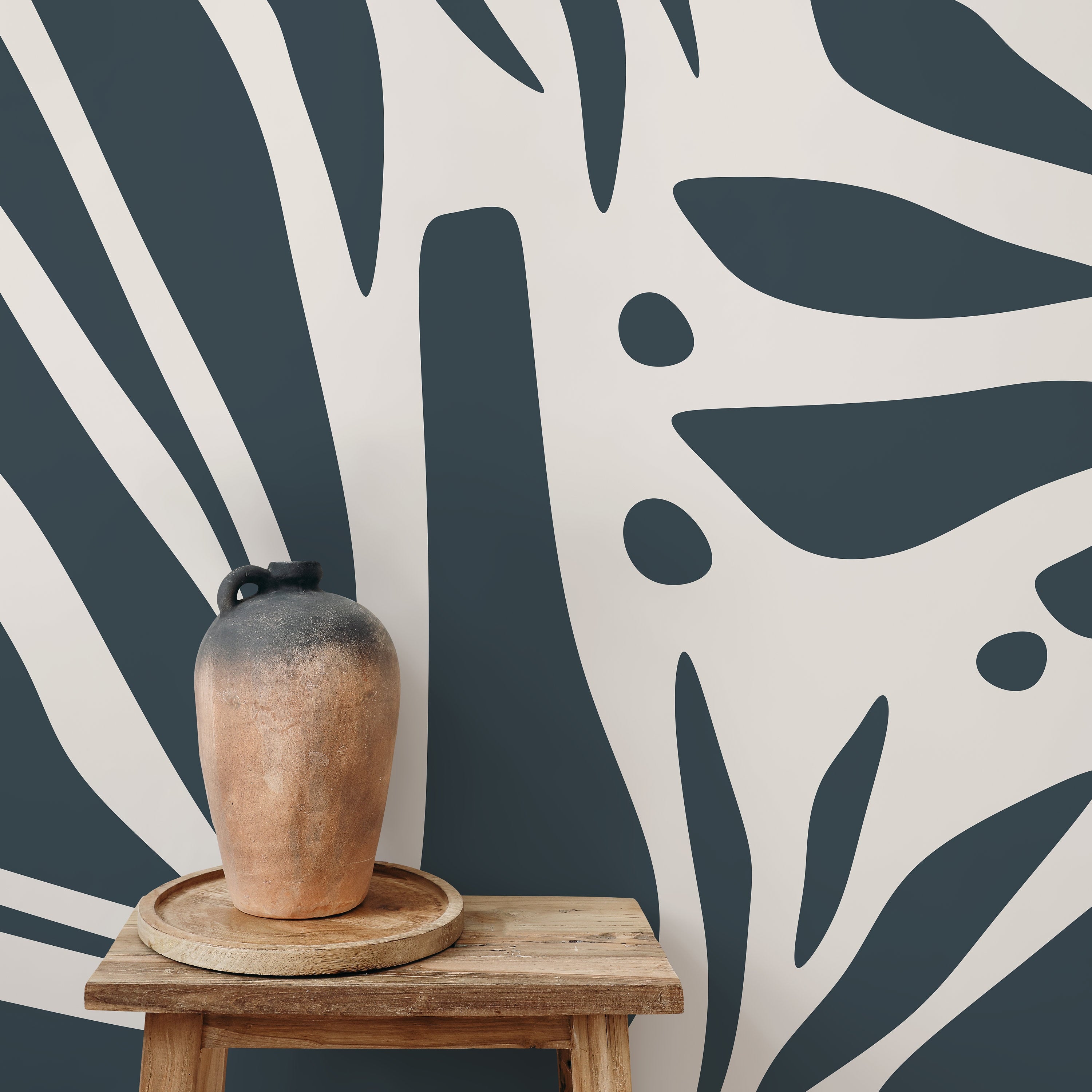 Abstract Wallpaper With Organic Cut-out Shapes In Dark Blue - D623