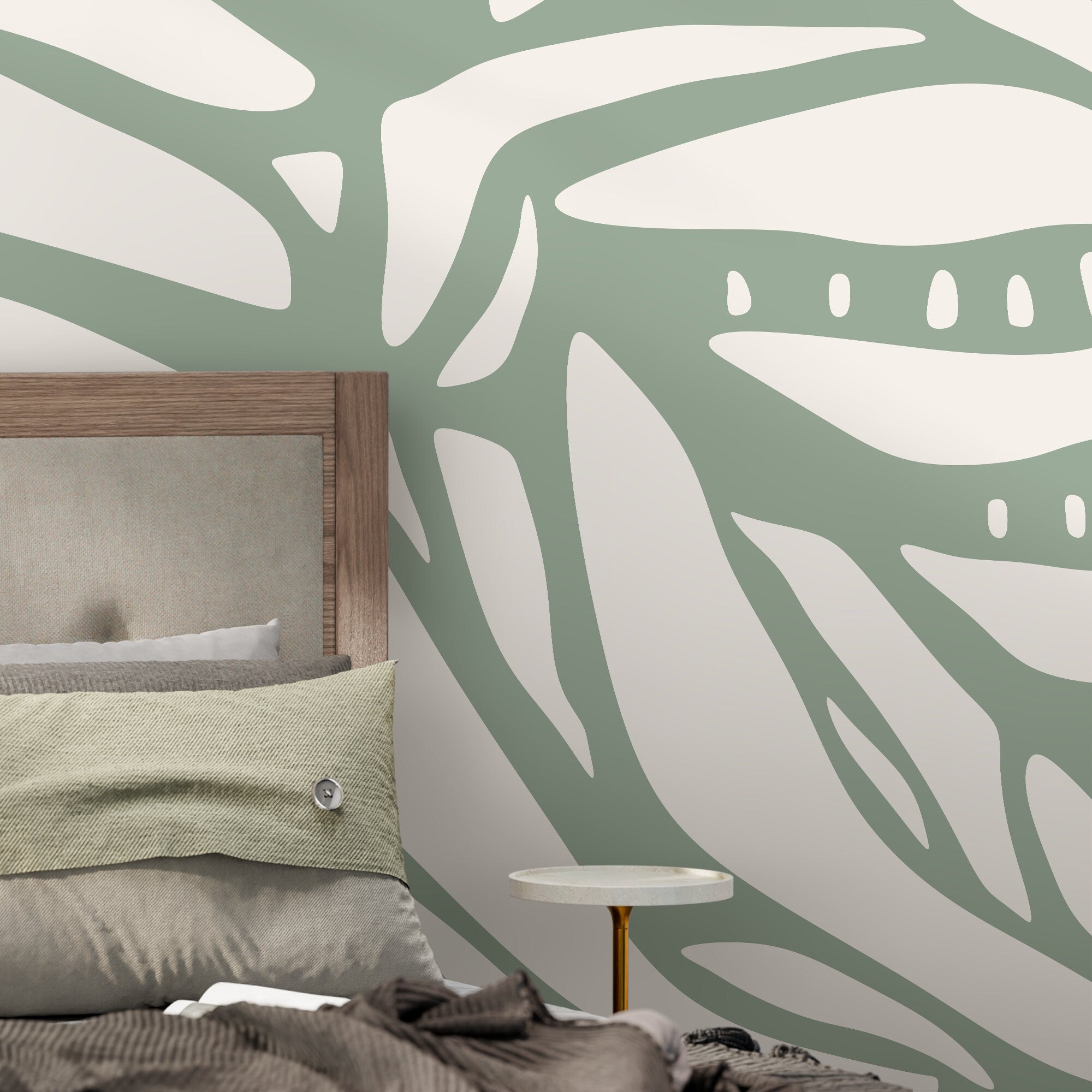 Abstract Wallpaper With Large Organic Forms In Light Green And White - D624