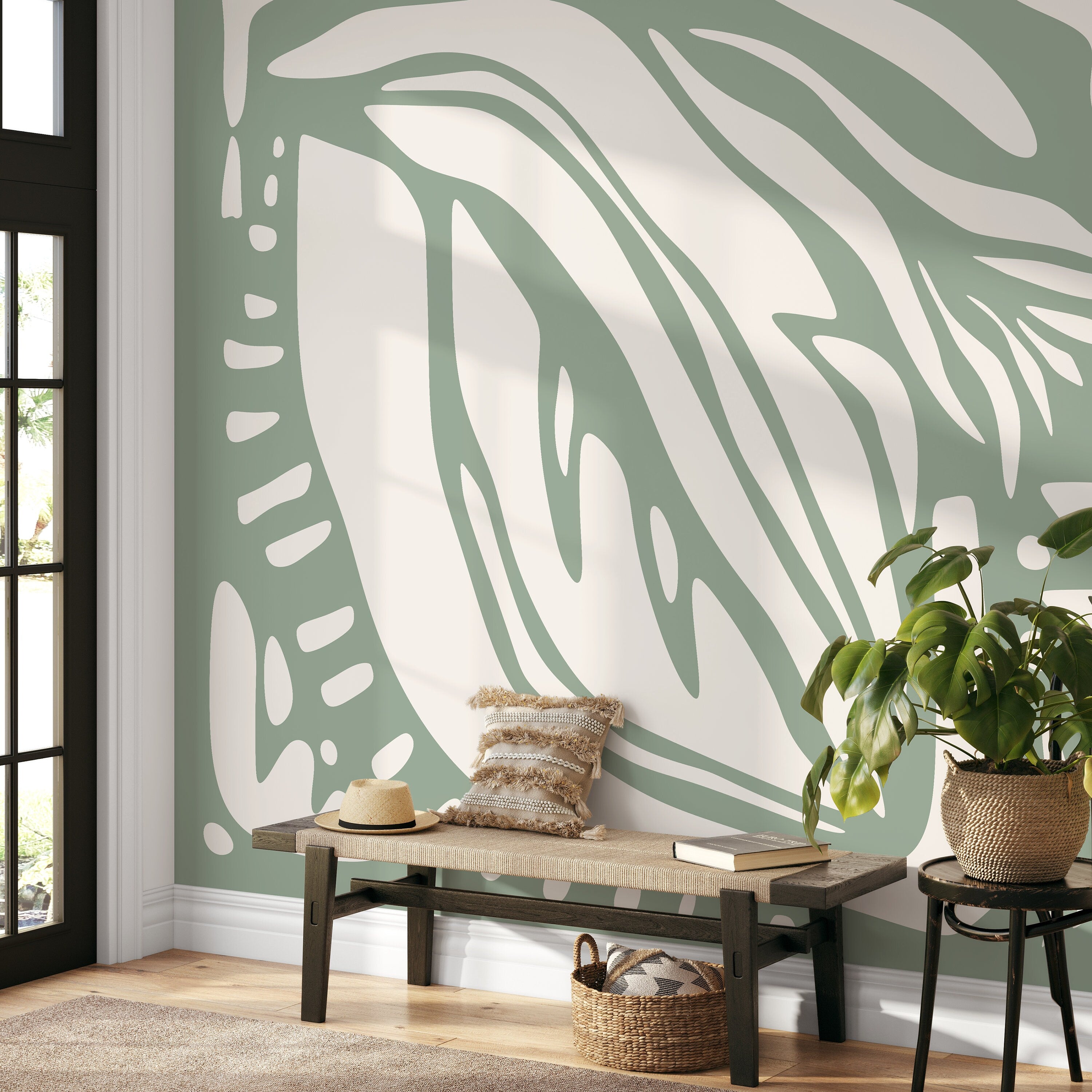 Abstract Wallpaper With Large Organic Forms In Light Green And White - D624