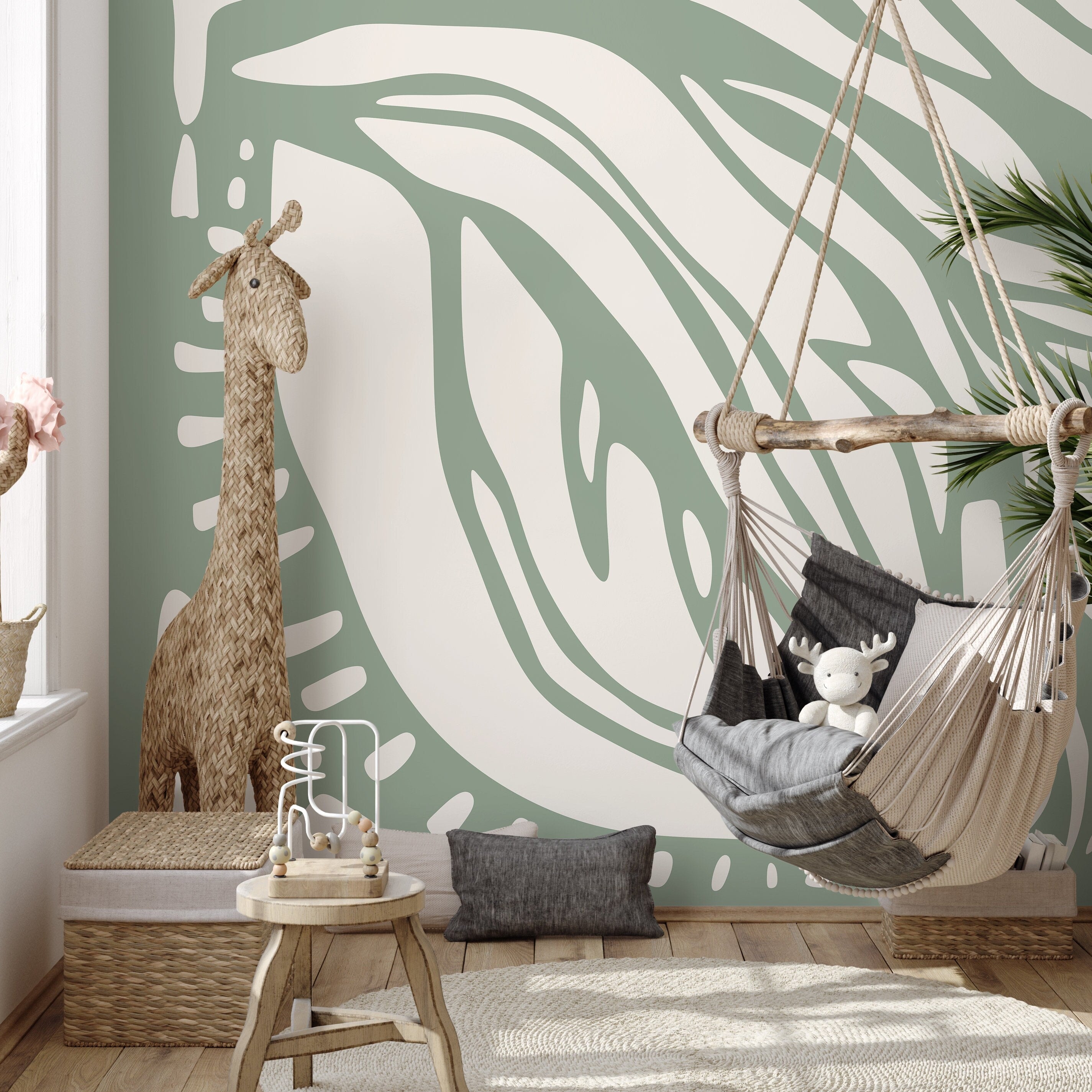 Abstract Wallpaper With Large Organic Forms In Light Green And White - D624