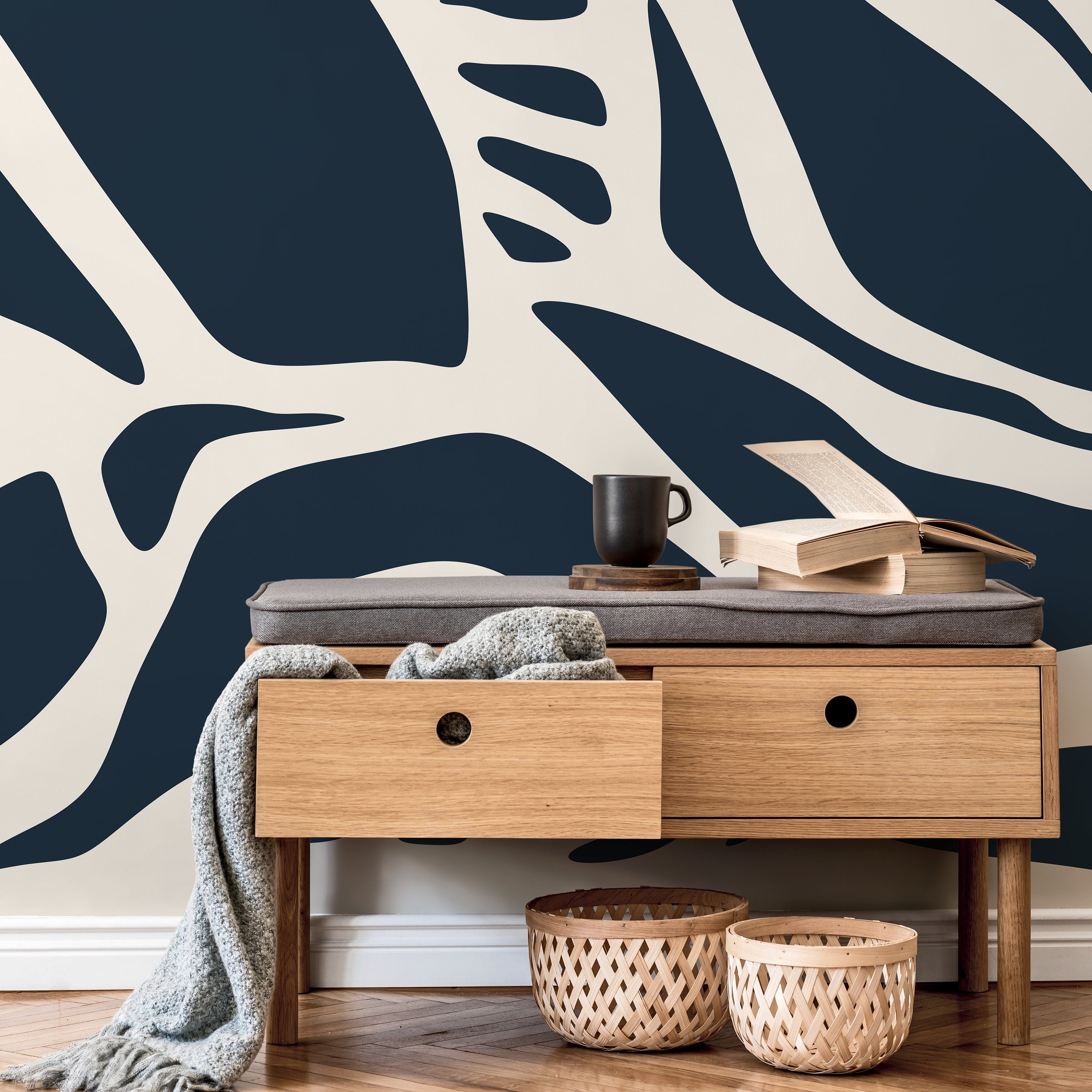 Abstract Wallpaper With Bold Organic Shapes In Dark Blue And Cream - D625
