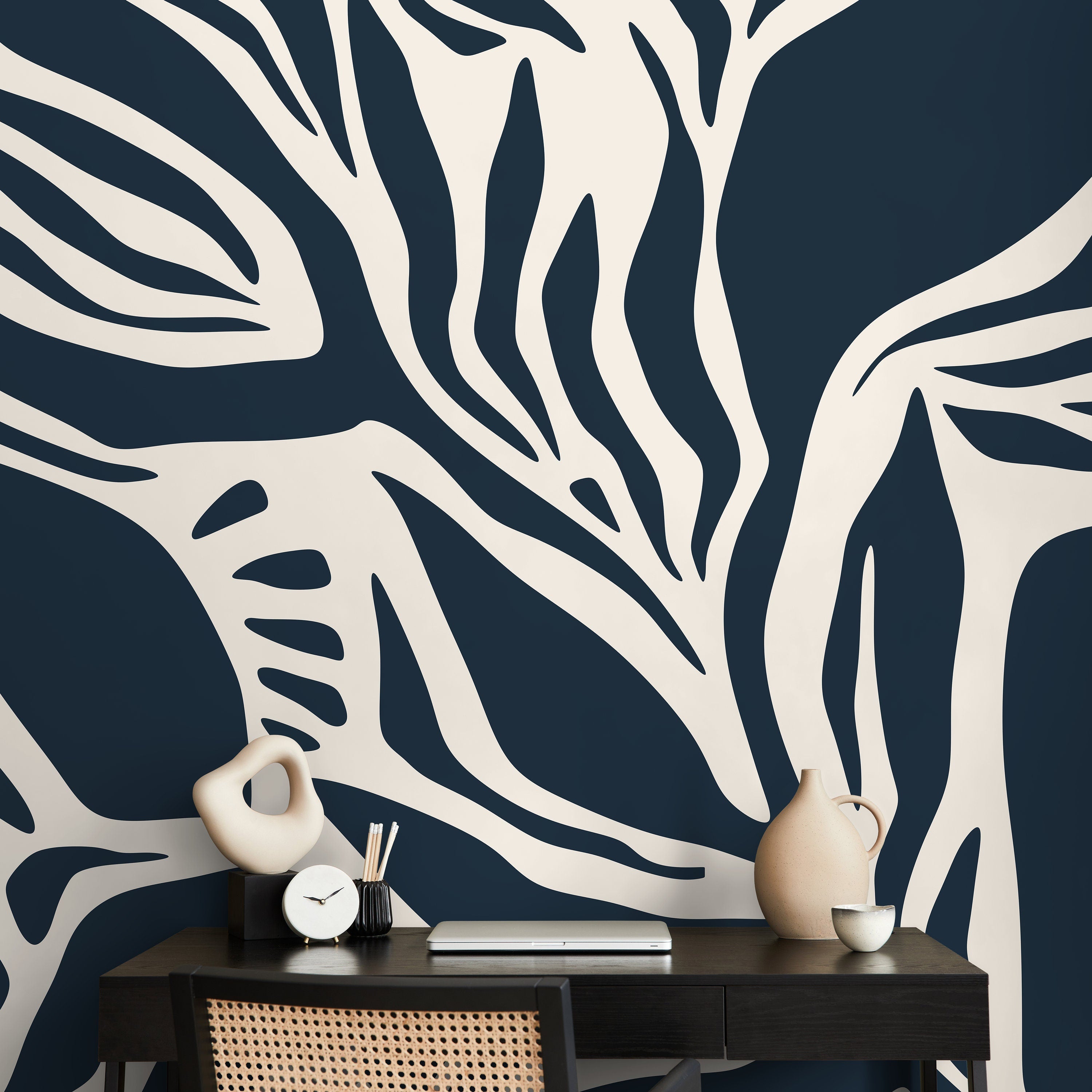 Abstract Wallpaper With Bold Organic Shapes In Dark Blue And Cream - D625