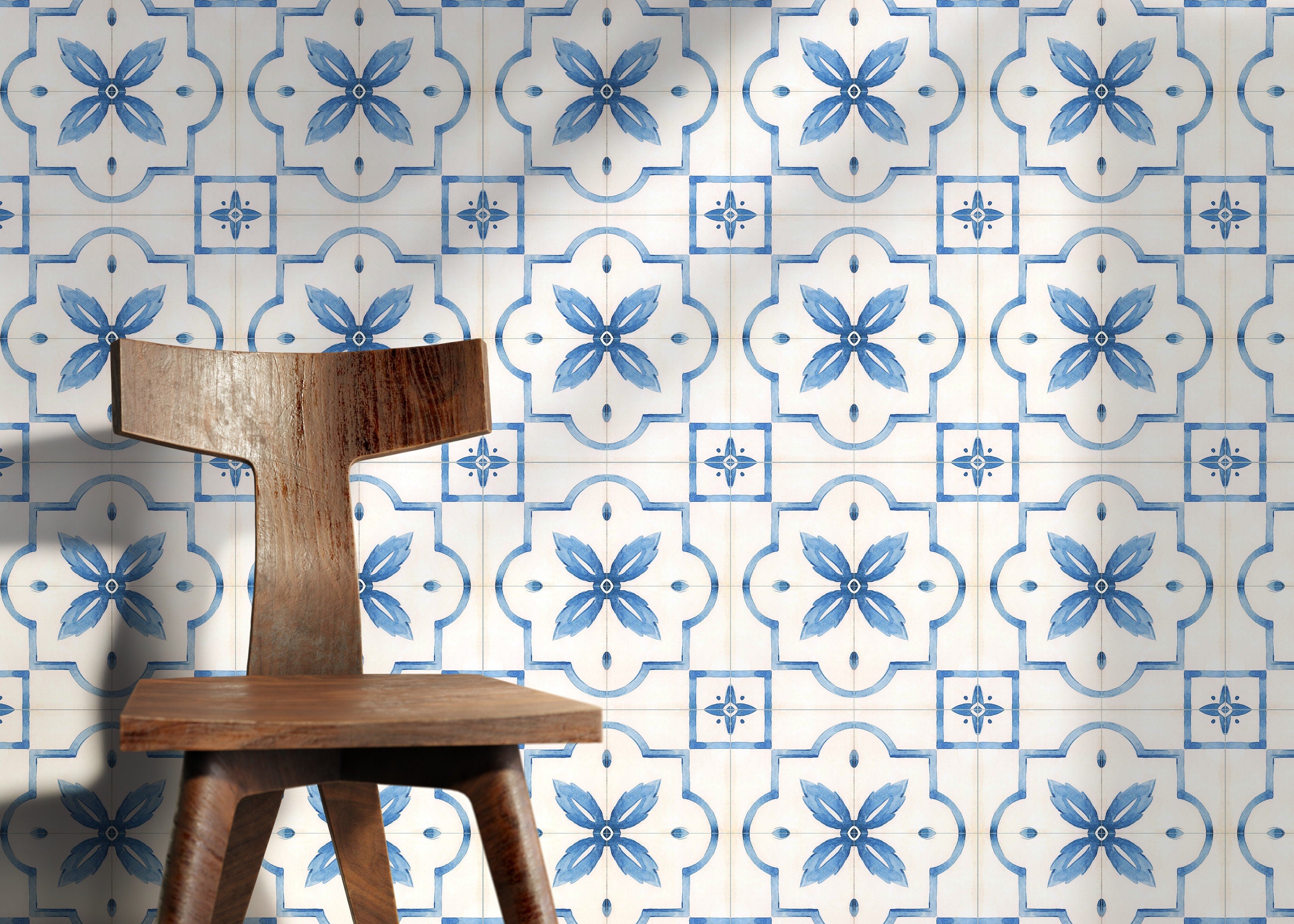 Moroccan Wallpaper Featuring A Watercolor Tile Motif In Blue - D535