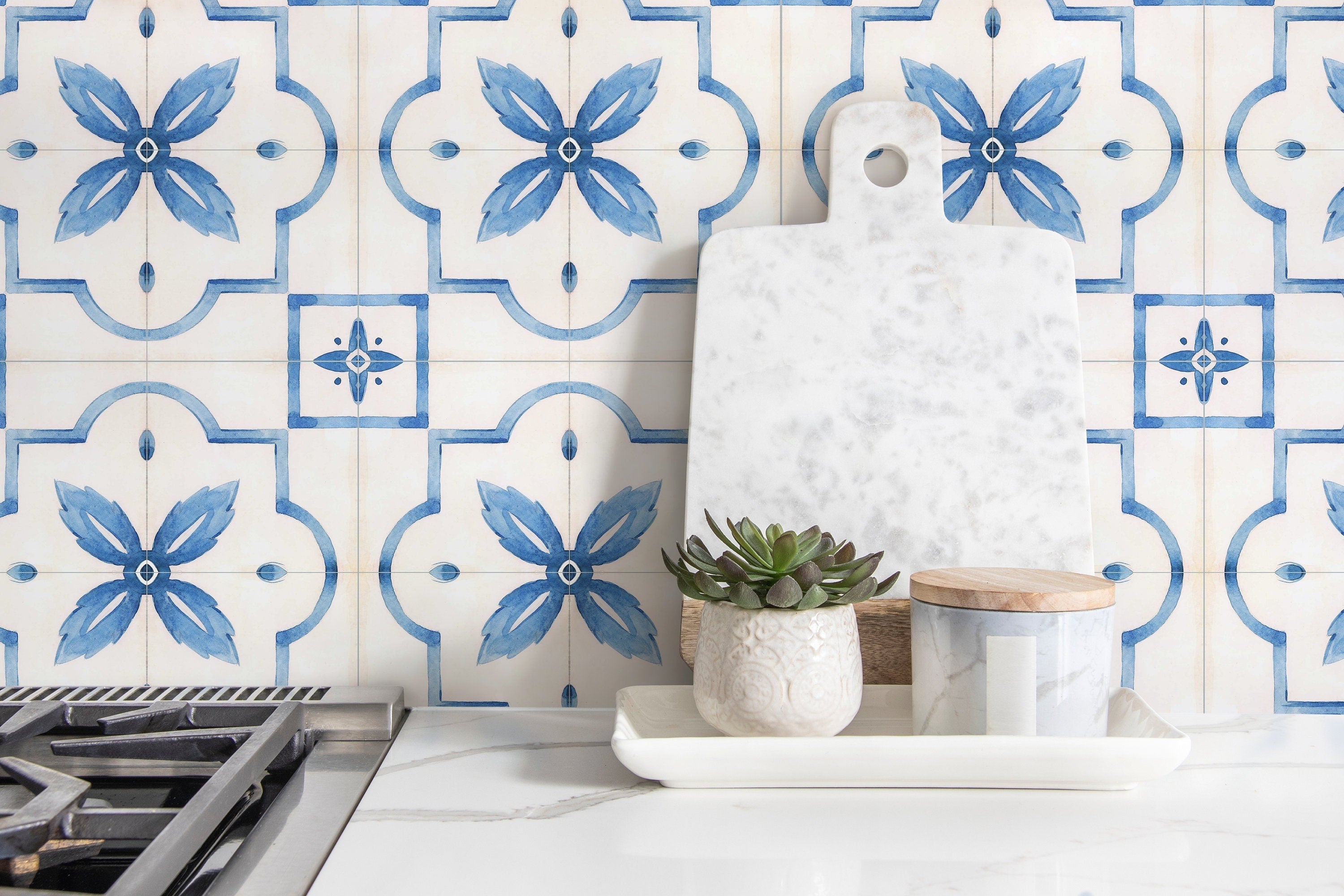 Moroccan Wallpaper Featuring A Watercolor Tile Motif In Blue - D535