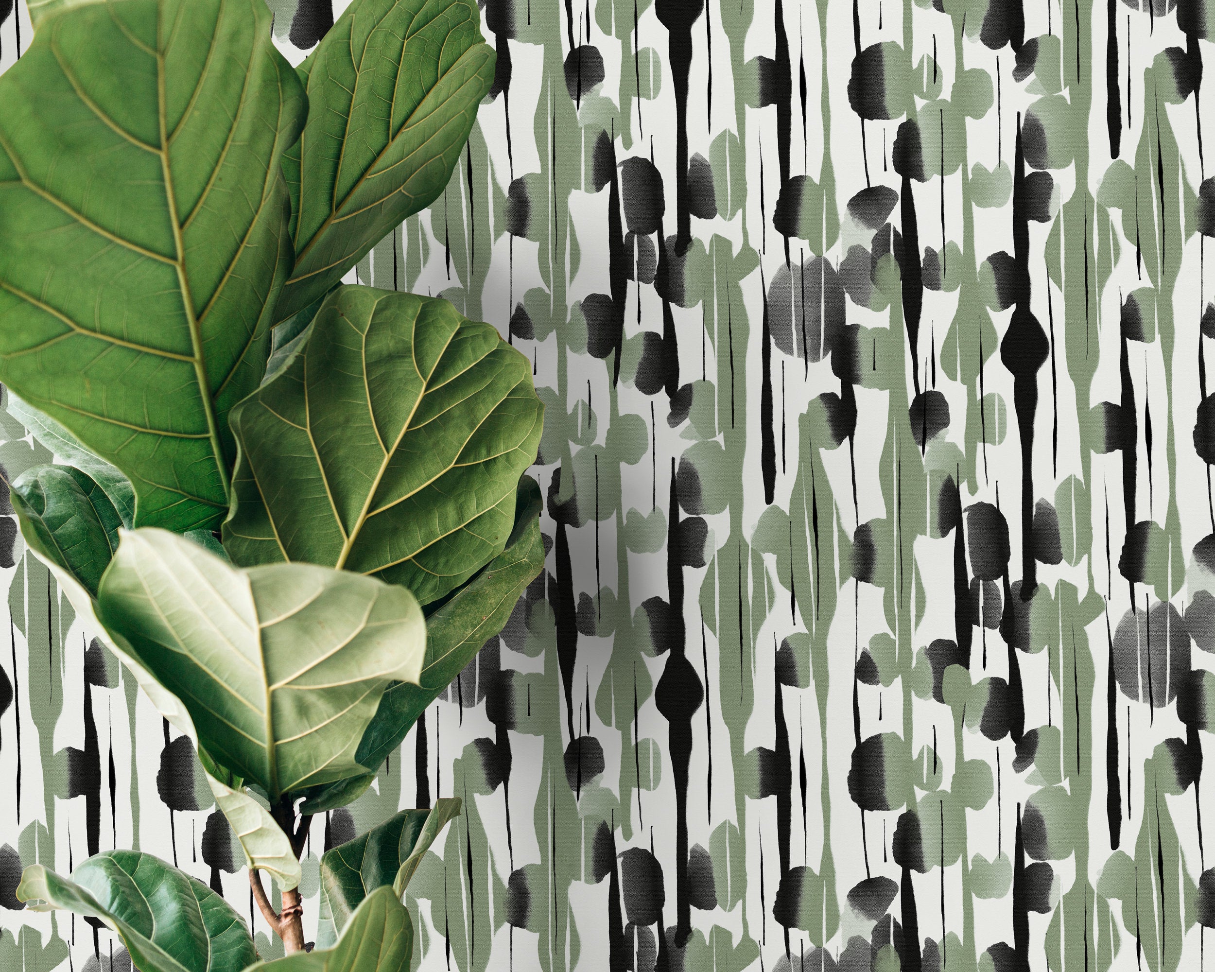 Abstract Wallpaper With Vertical Brushstroke Motifs In Black And Green - D537