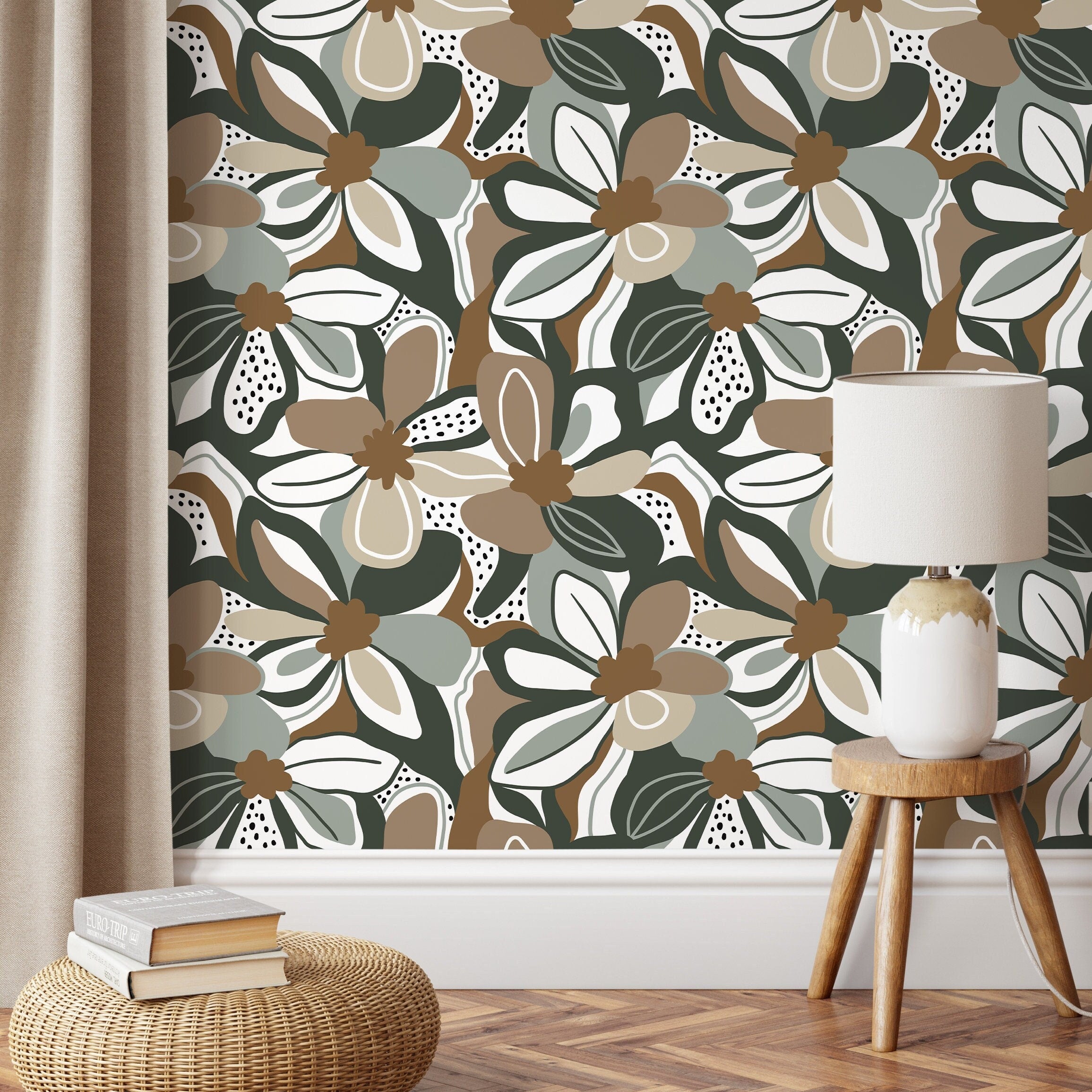 Floral Wallpaper With A Modern Abstract Motif In Taupe, Green, And Brown - D658