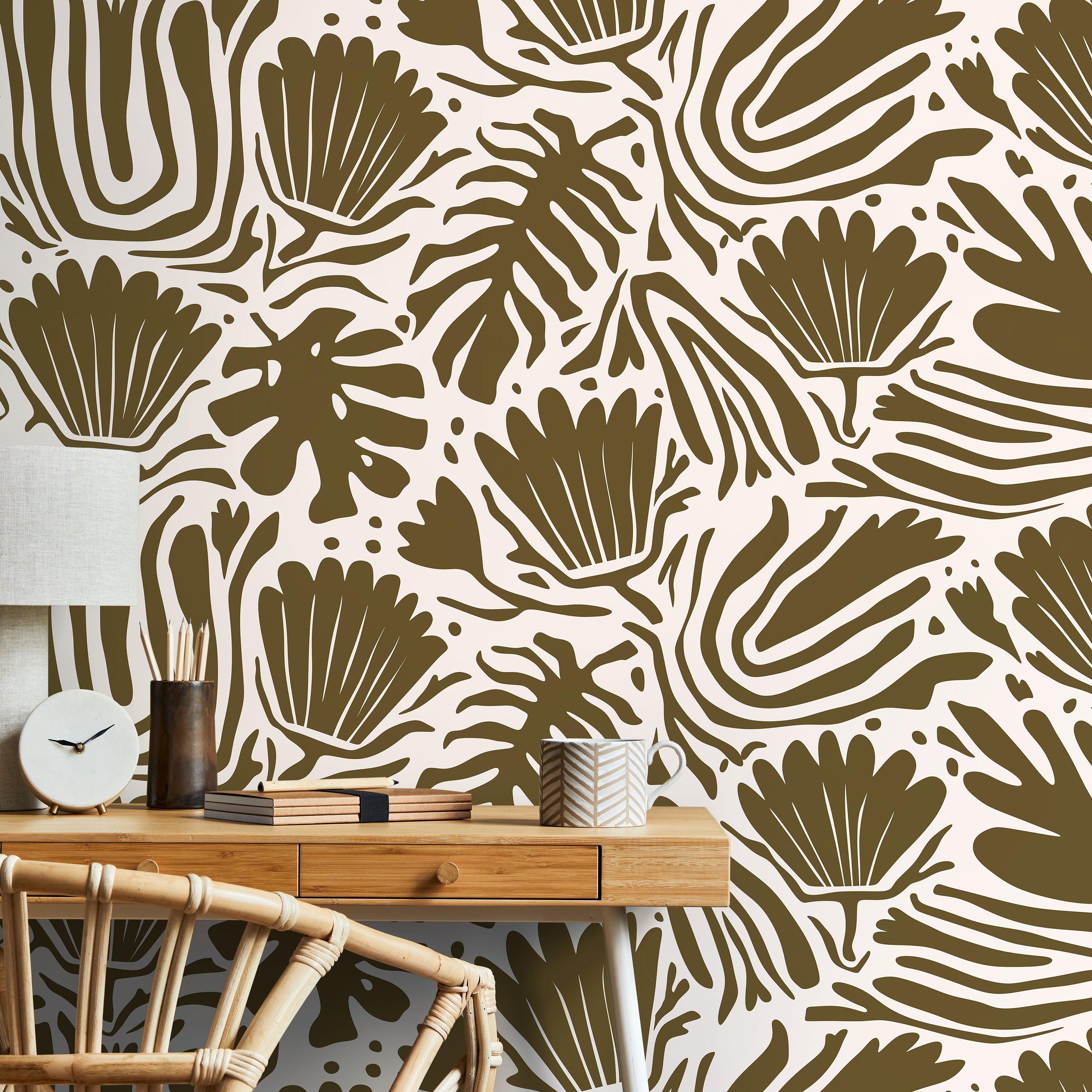 Floral Wallpaper With An Abstract Botanical Motif In Olive Green - D661