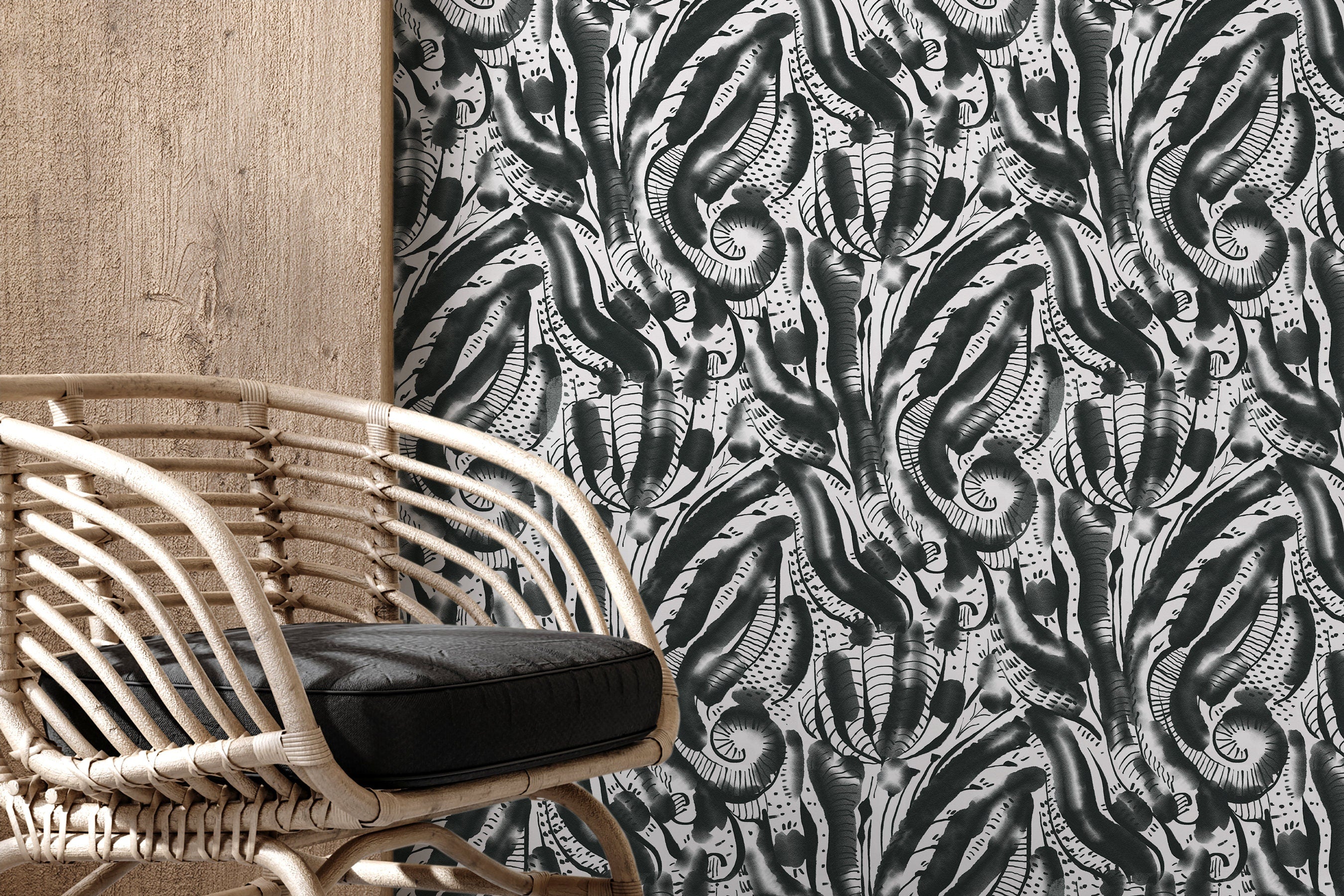Abstract Wallpaper With An Organic Brushstroke Motif In Black And White - D539
