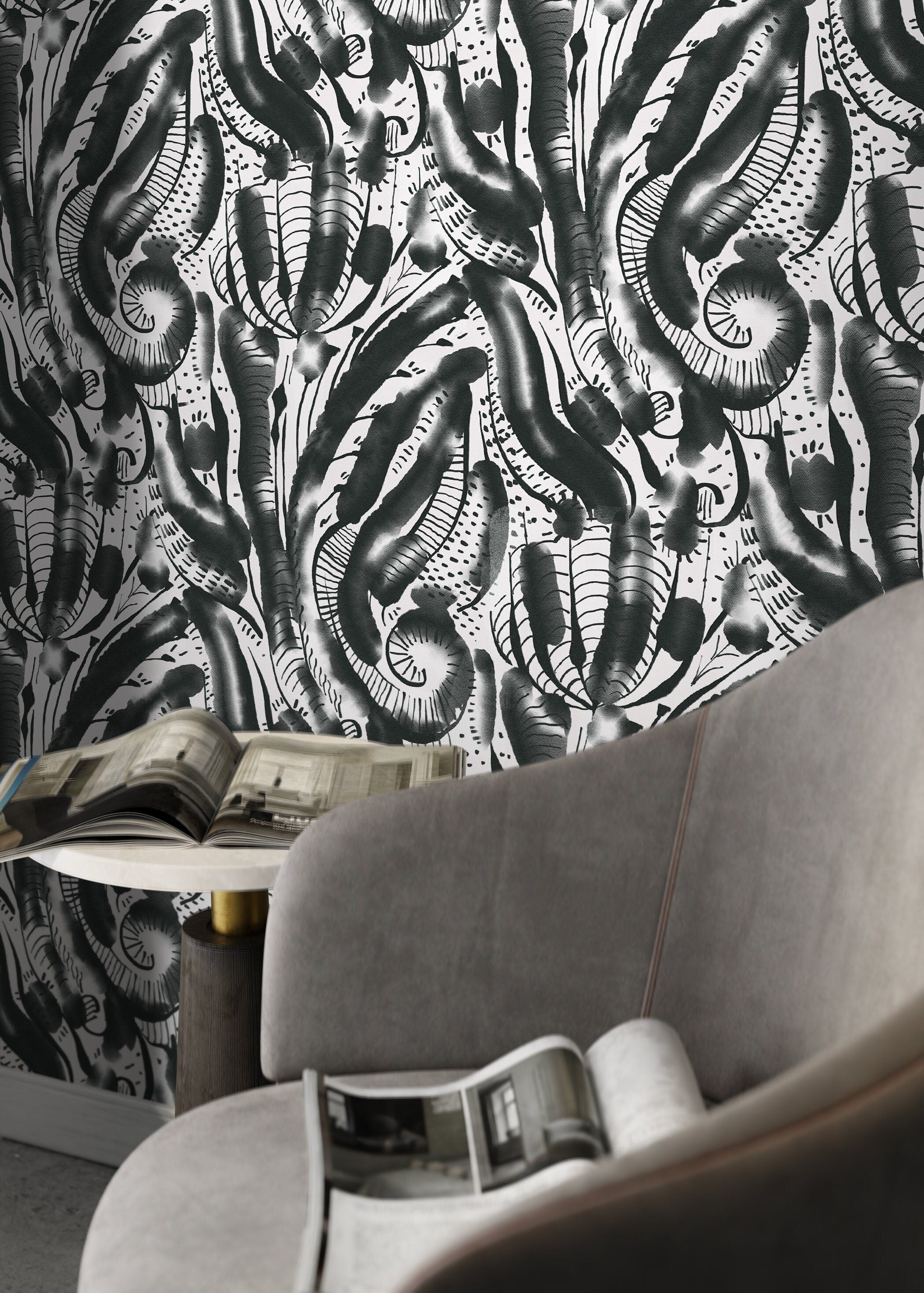 Abstract Wallpaper With An Organic Brushstroke Motif In Black And White - D539
