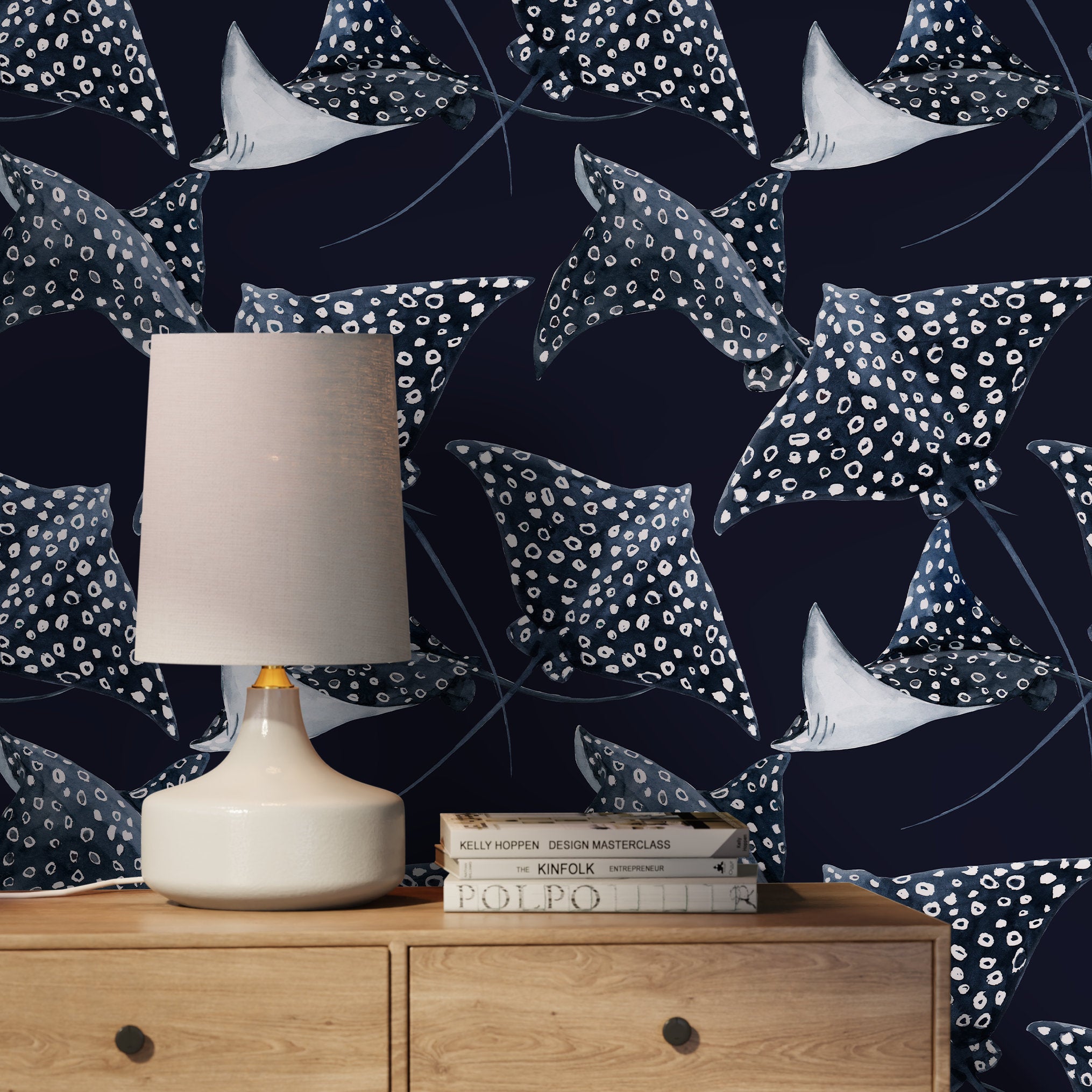 Nautical Wallpaper Featuring Watercolor Stingrays In Navy Blue And White - D542