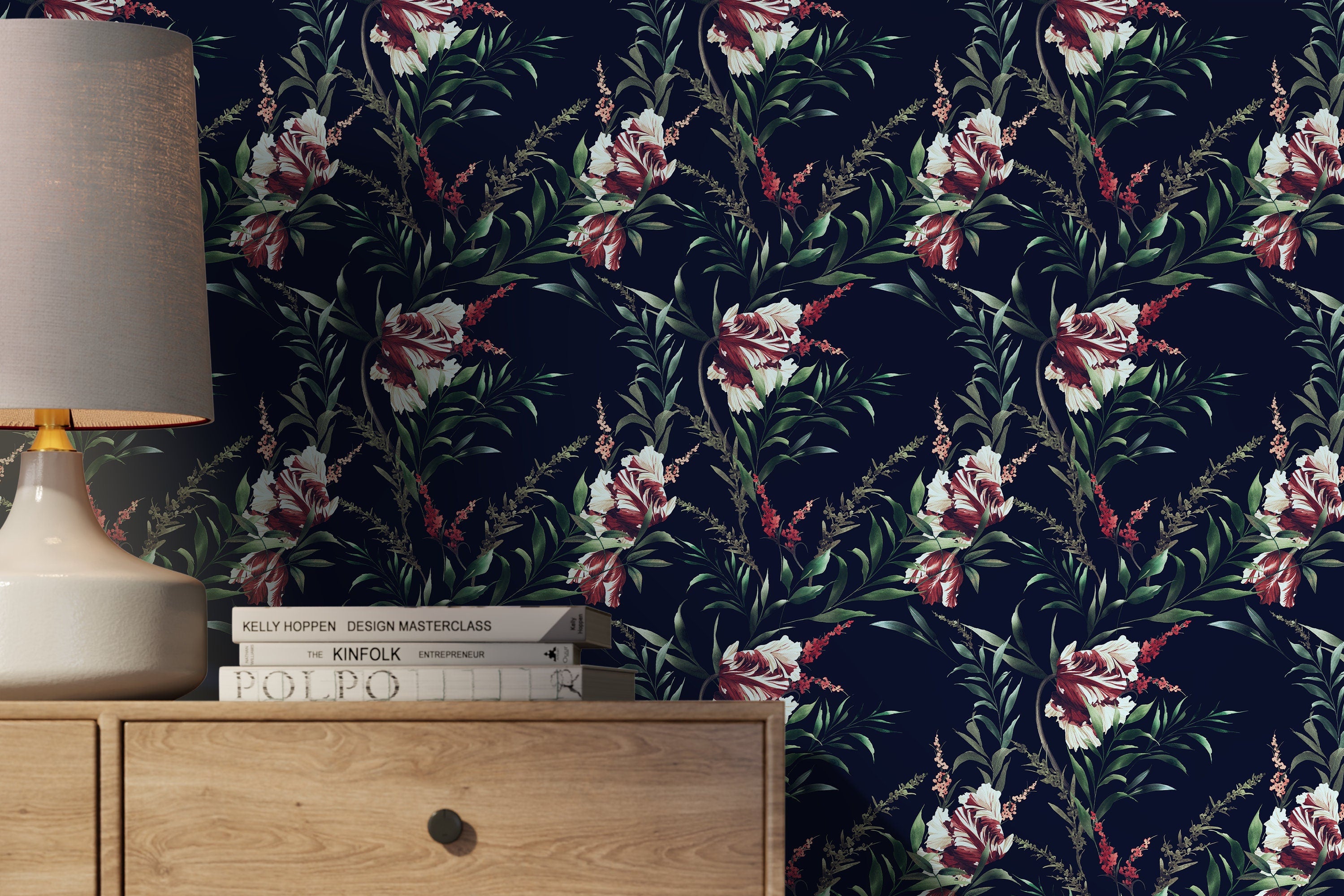 Vintage Floral Wallpaper With Tulips In Navy, Red, And Green - D546