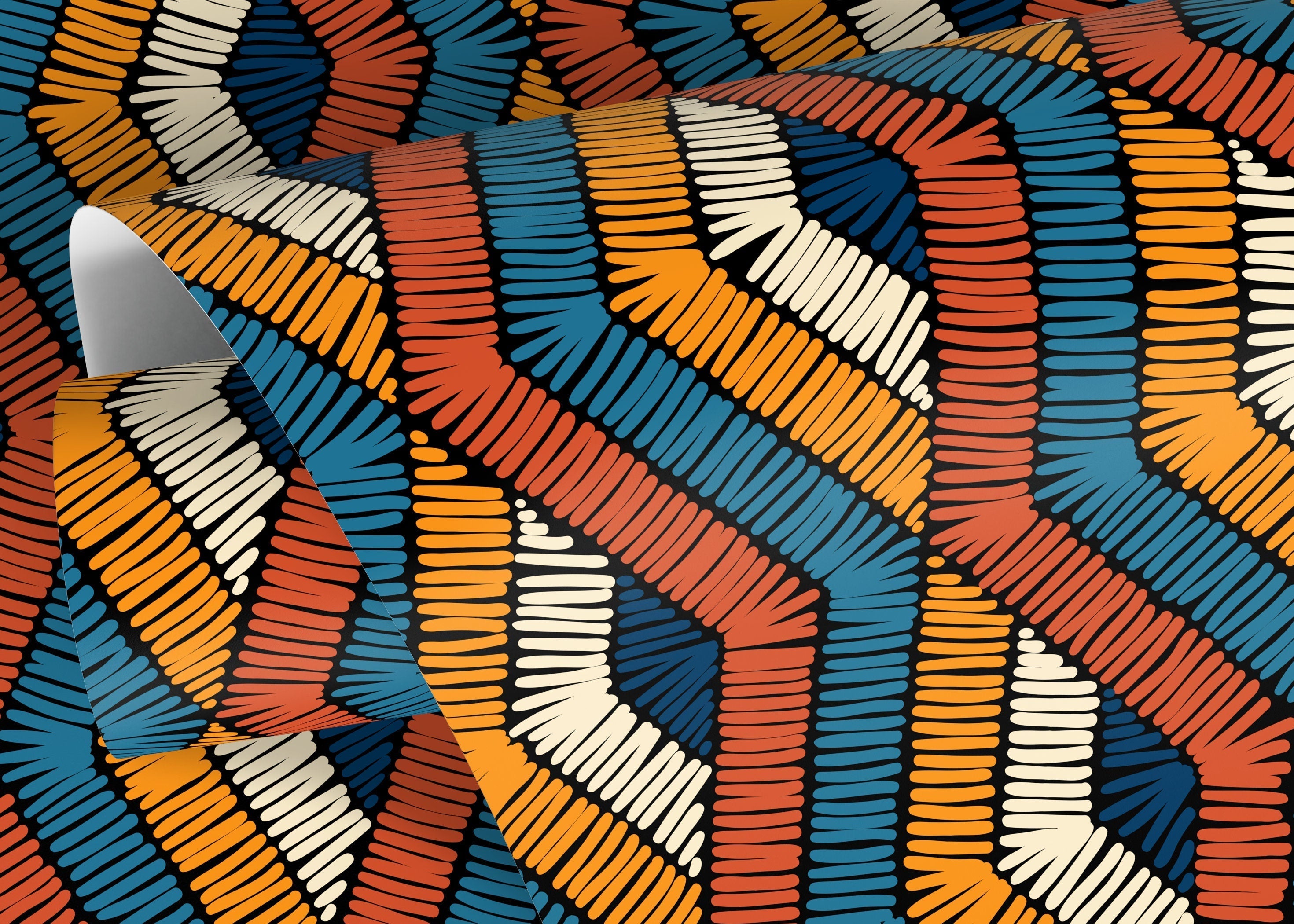 Tribal Wallpaper With An Embroidered Chevron In Orange, Blue, And Cream - D512