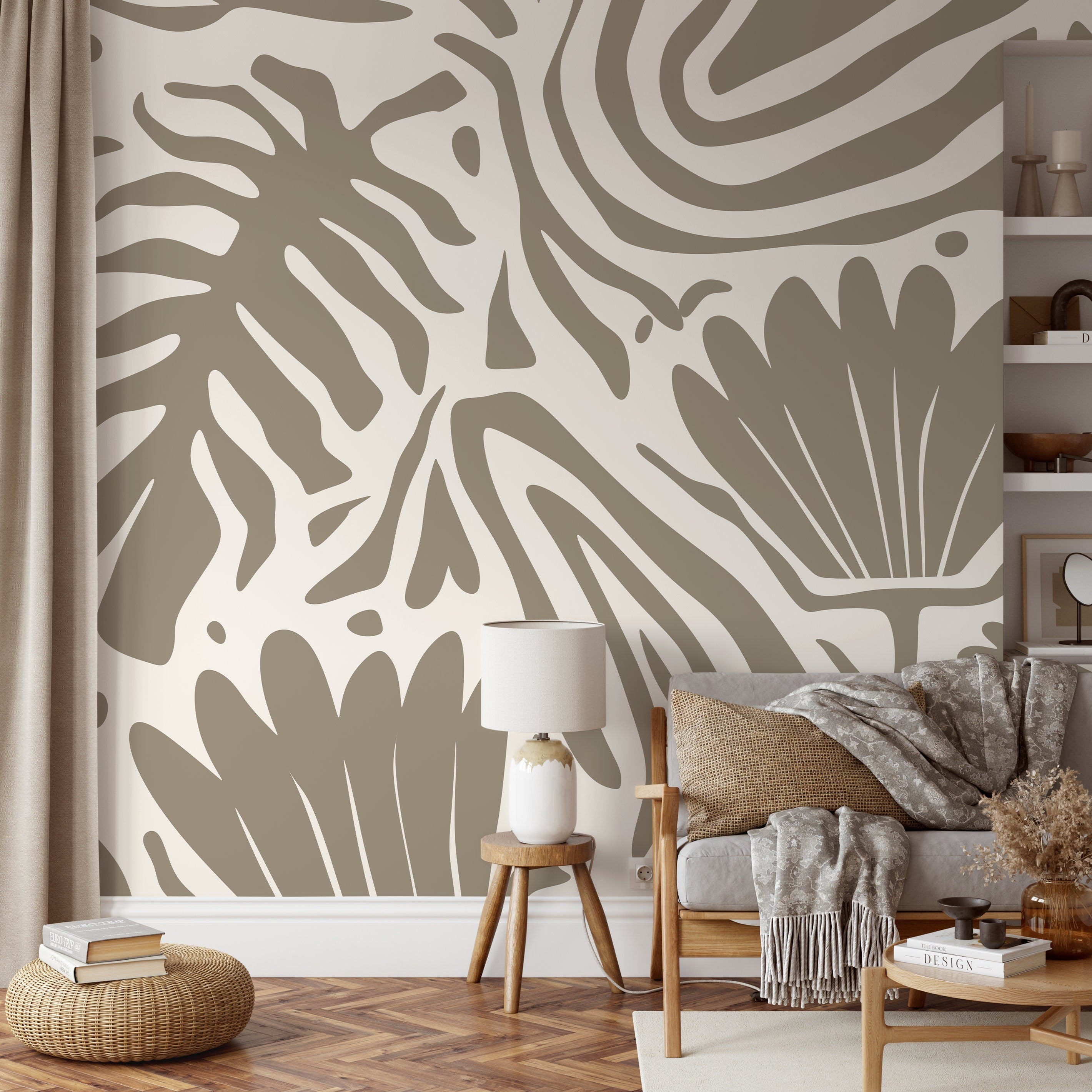 Abstract Wallpaper With Bold Botanical Cut-outs In Beige And Taupe - D663