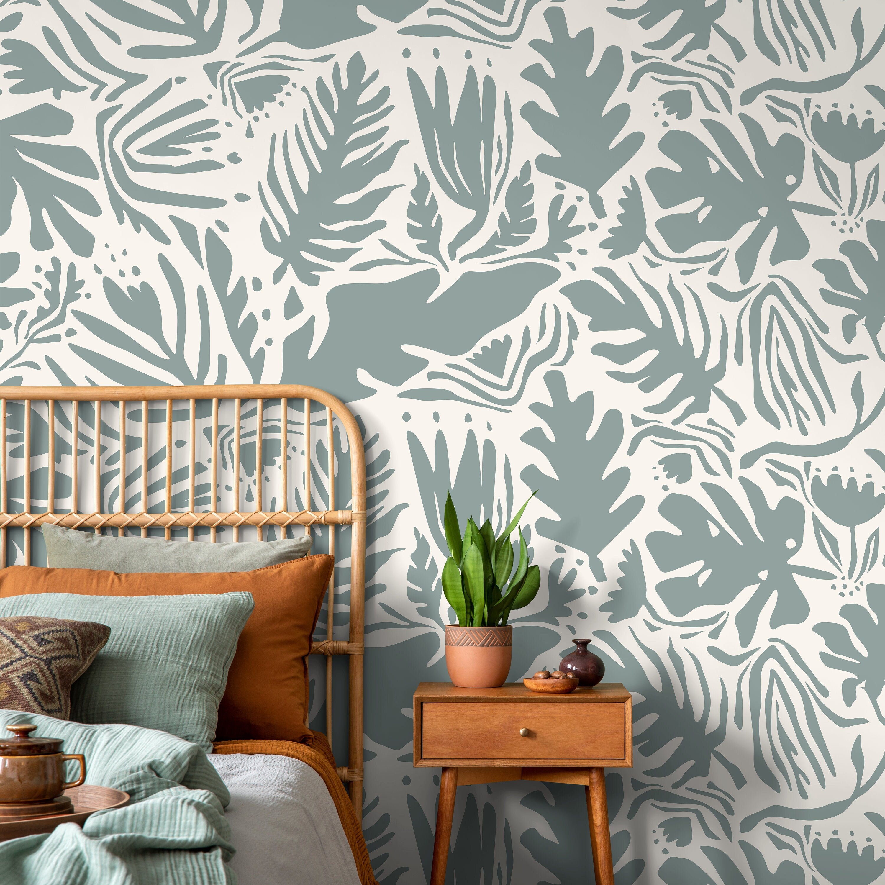 Abstract Wallpaper With A Matisse Inspired Botanical Motif In Sage Green - D664