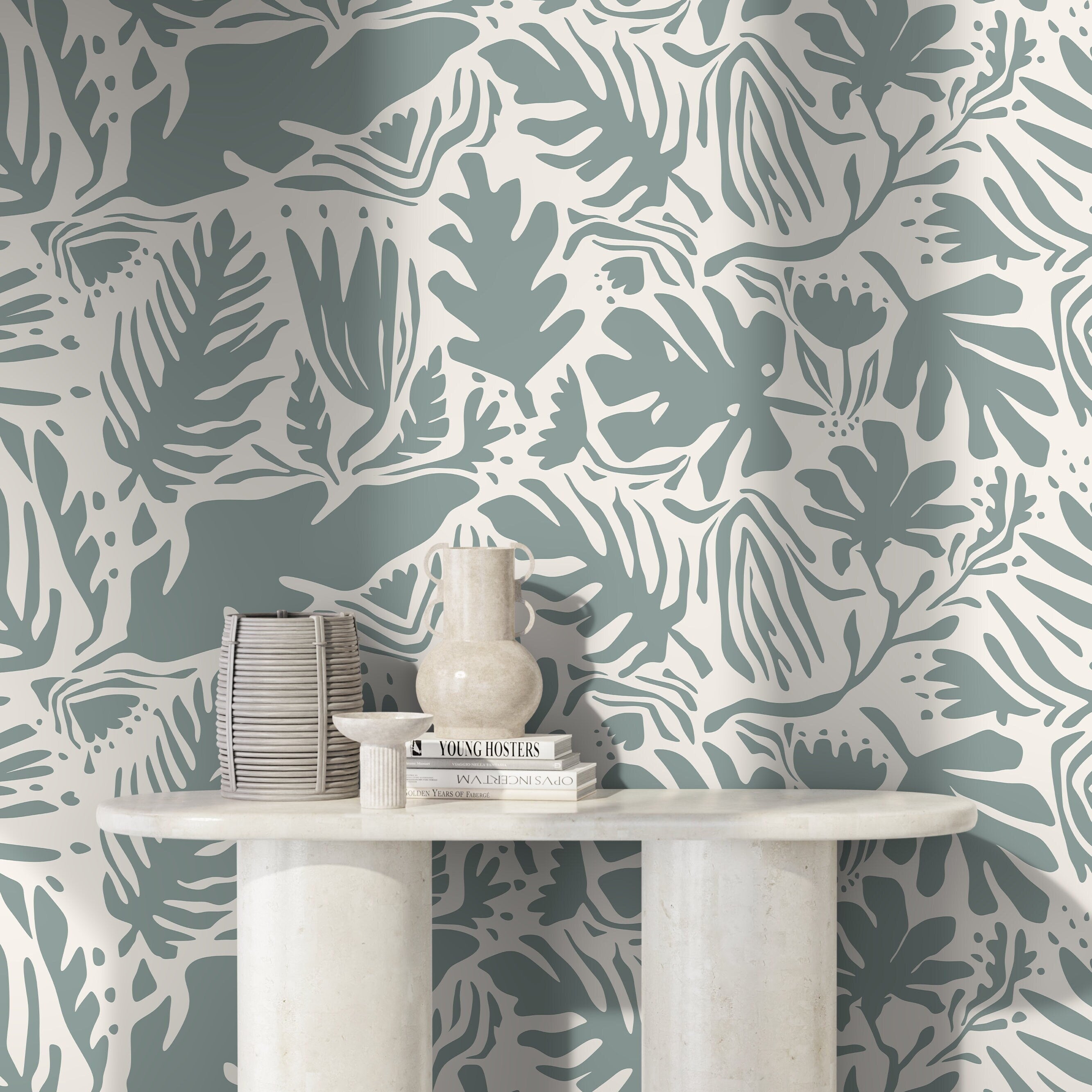 Abstract Wallpaper With A Matisse Inspired Botanical Motif In Sage Green - D664