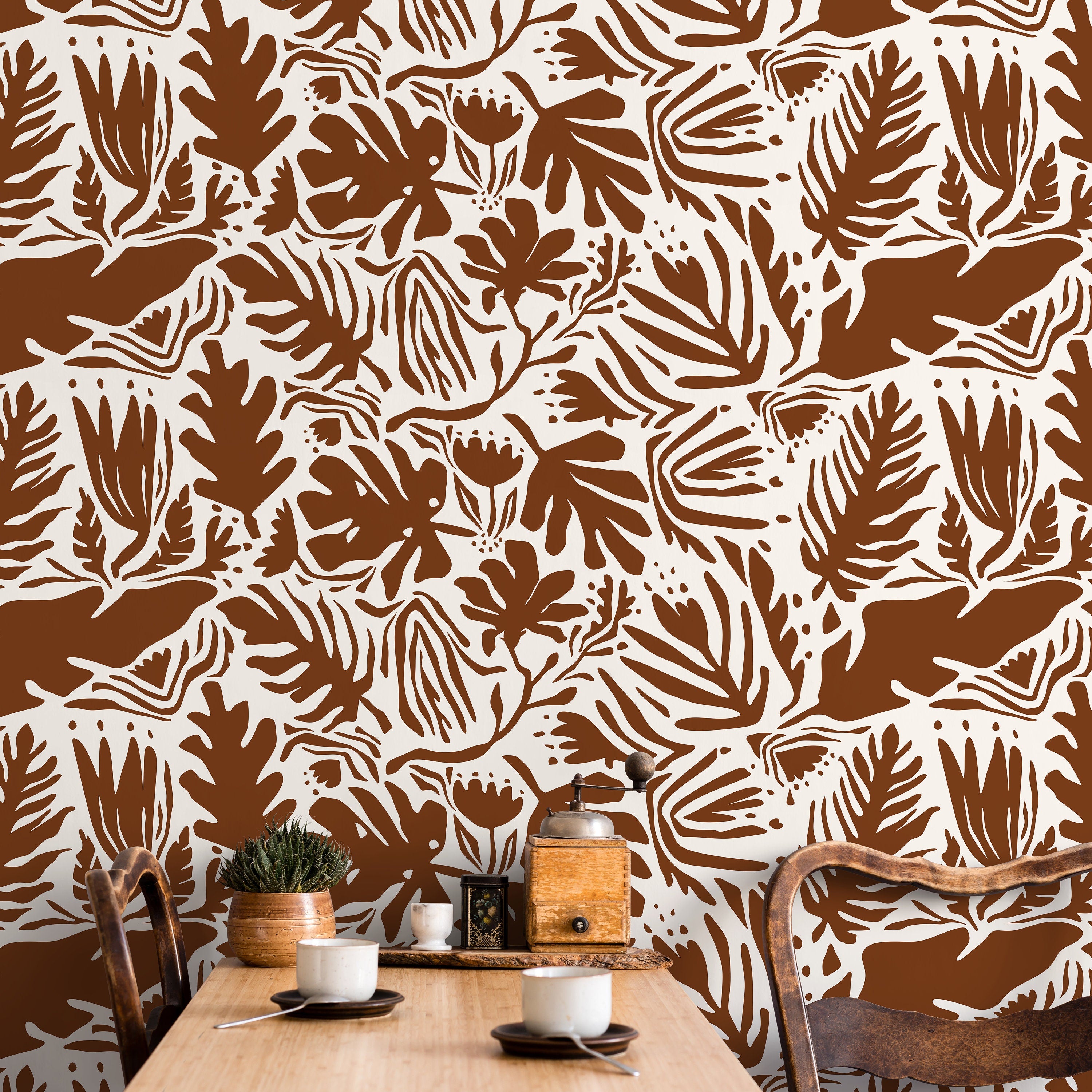 Abstract Wallpaper With Botanical Cutouts In Brown - D669
