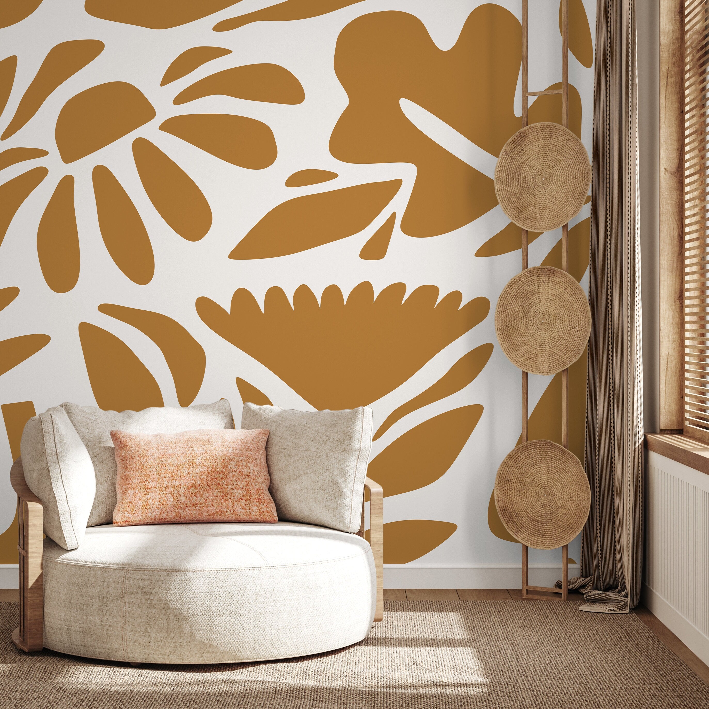 Abstract Wallpaper With Stylized Floral Cutouts In Mustard Yellow And Cream - D670