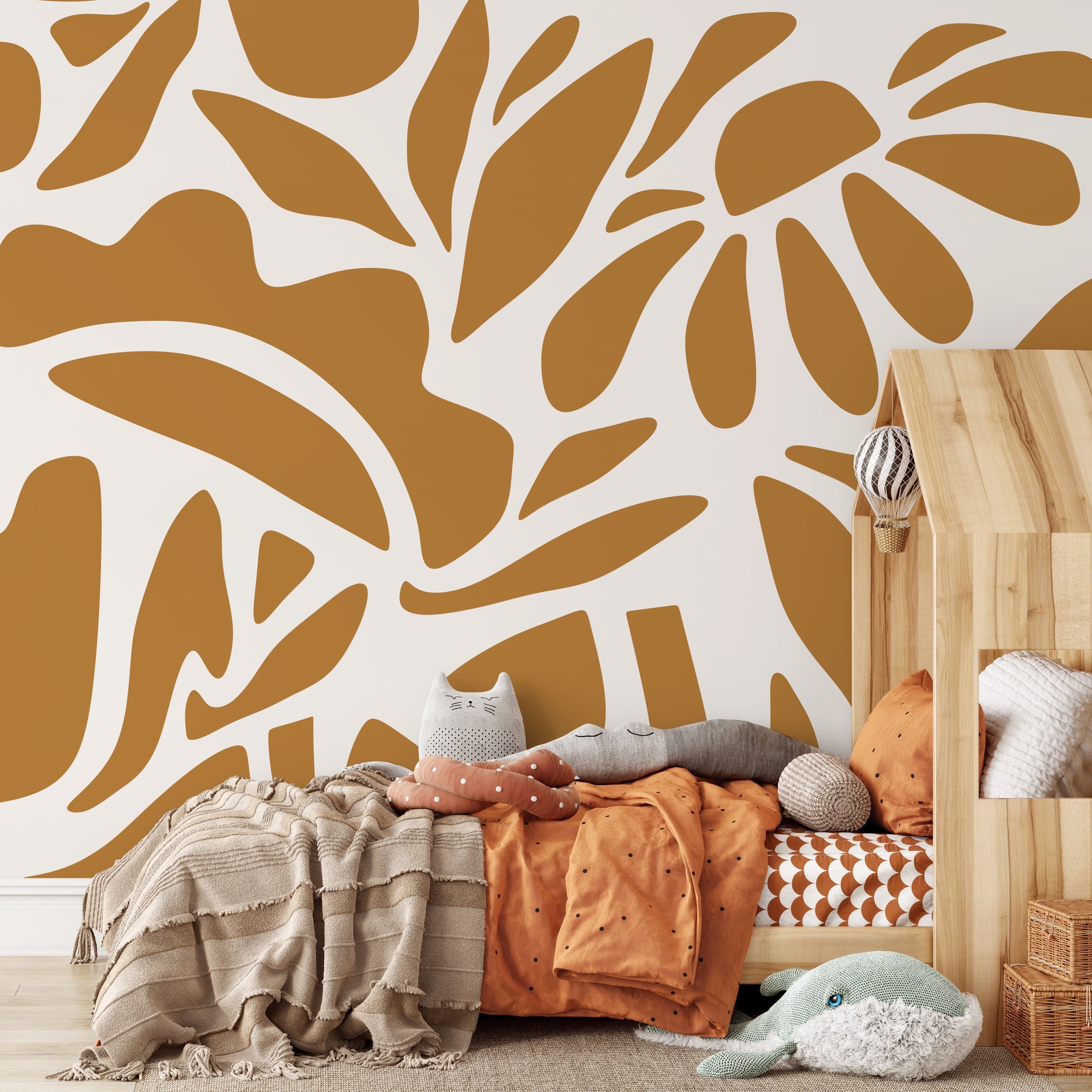 Abstract Wallpaper With Stylized Floral Cutouts In Mustard Yellow And Cream - D670