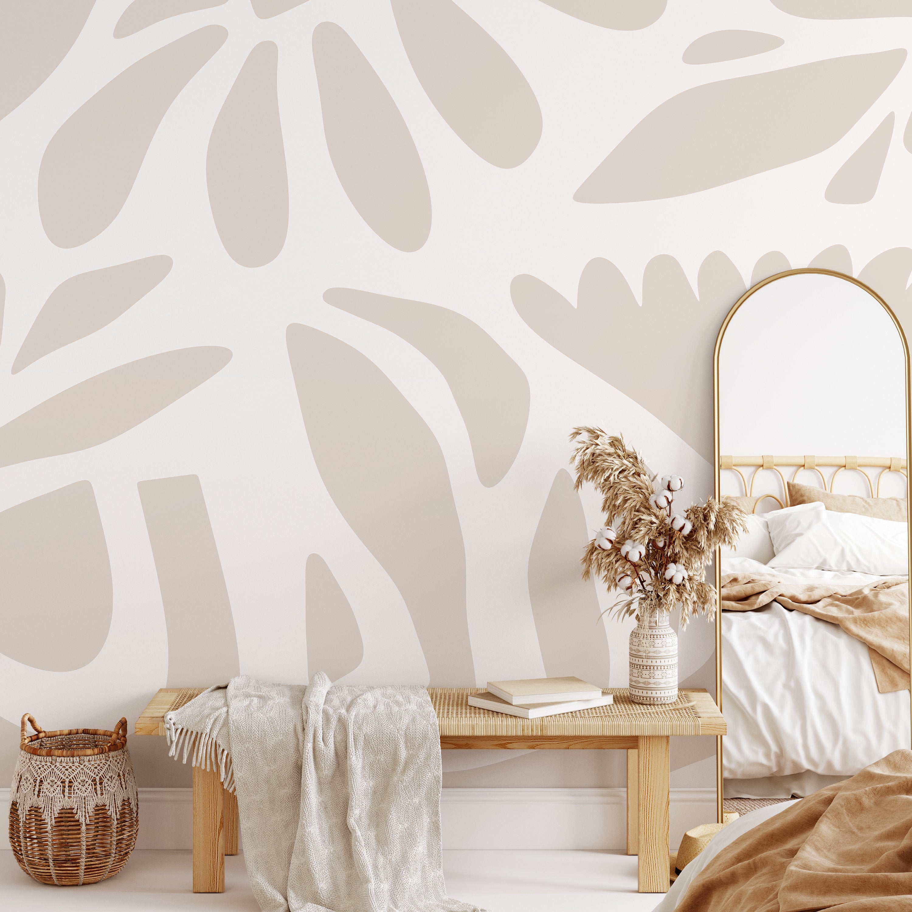 Abstract Wallpaper With A Boho Flora Motif In Beige And Off-white - D671