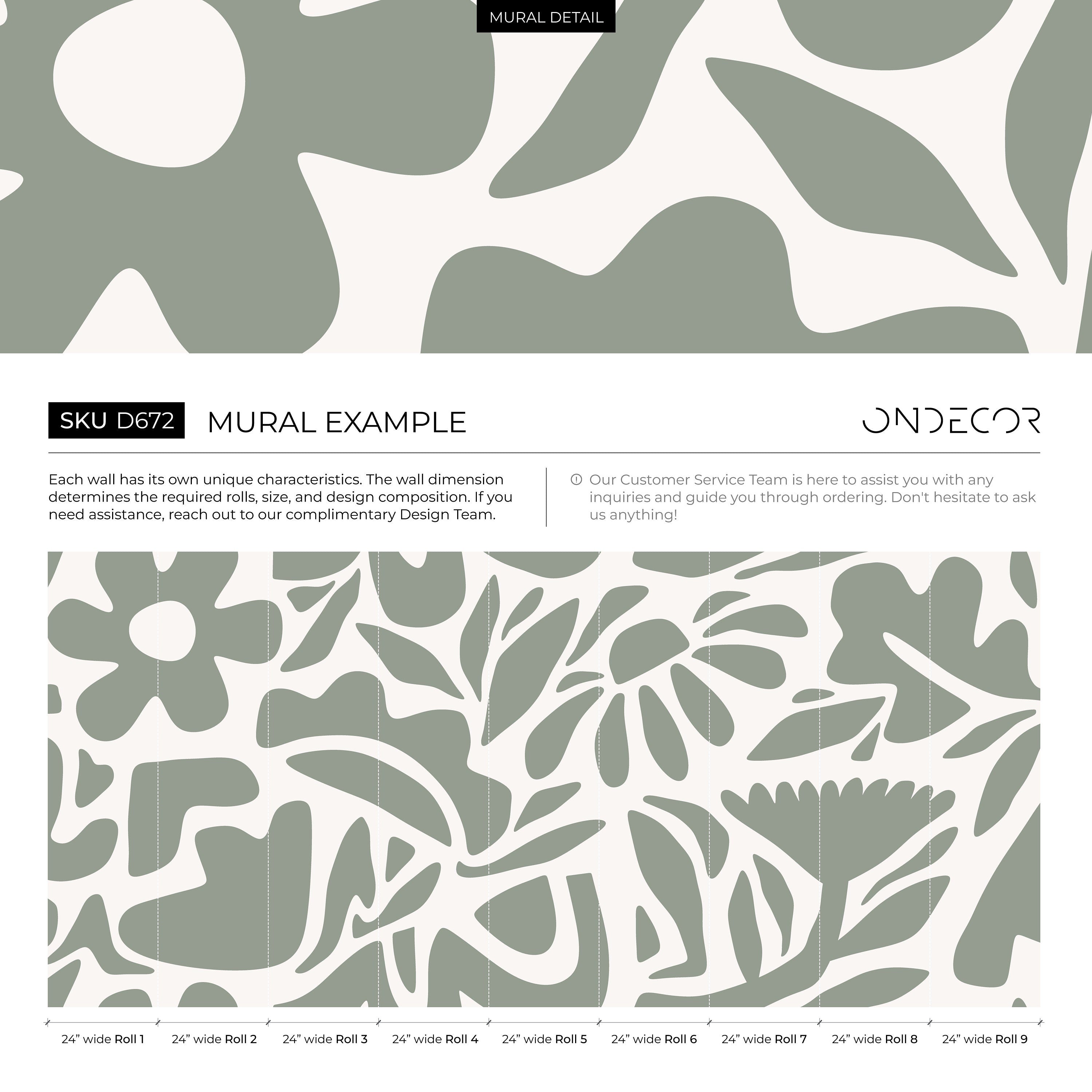 Abstract Wallpaper Featuring Bold Floral Shapes In Sage Green - D672