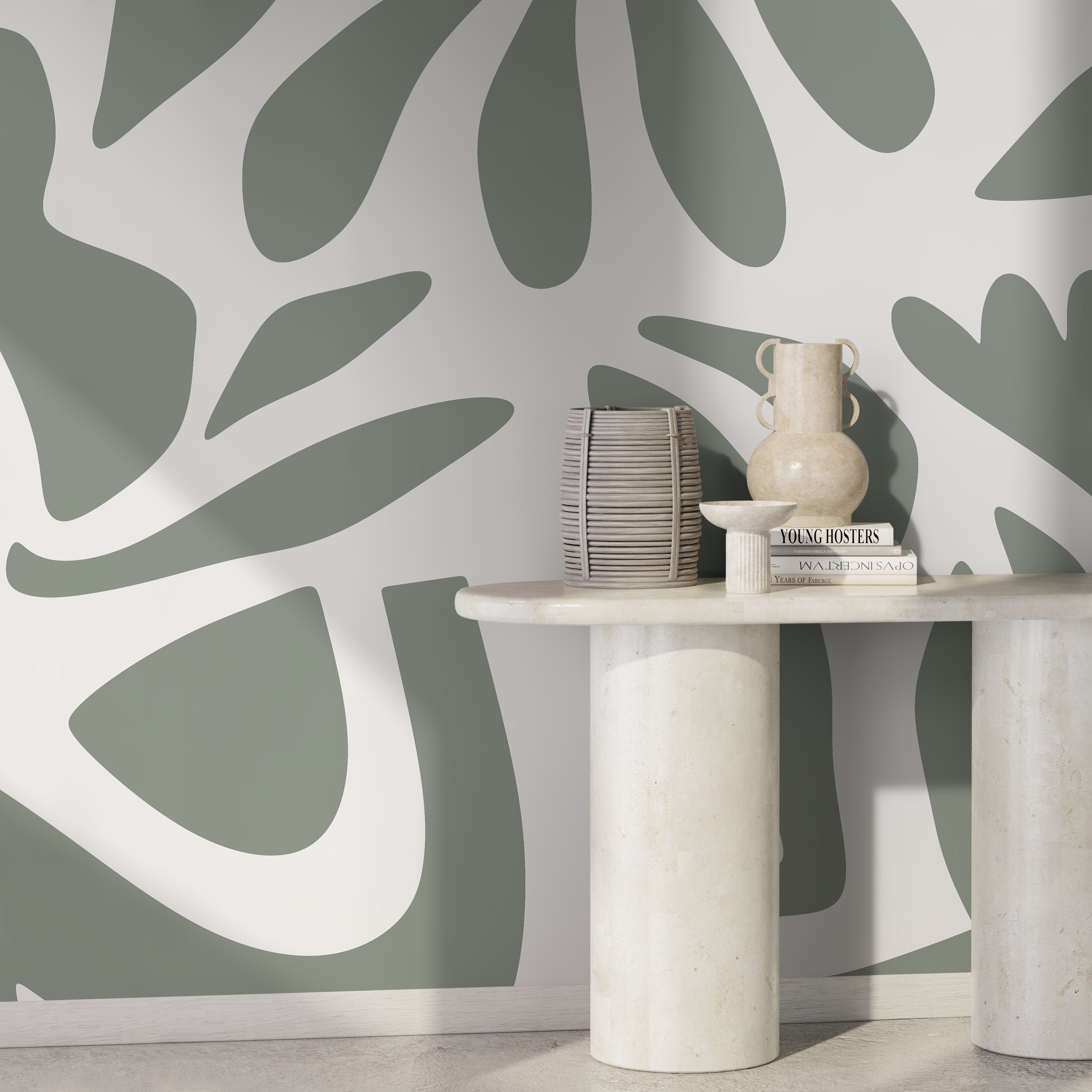 Abstract Wallpaper Featuring Bold Floral Shapes In Sage Green - D672