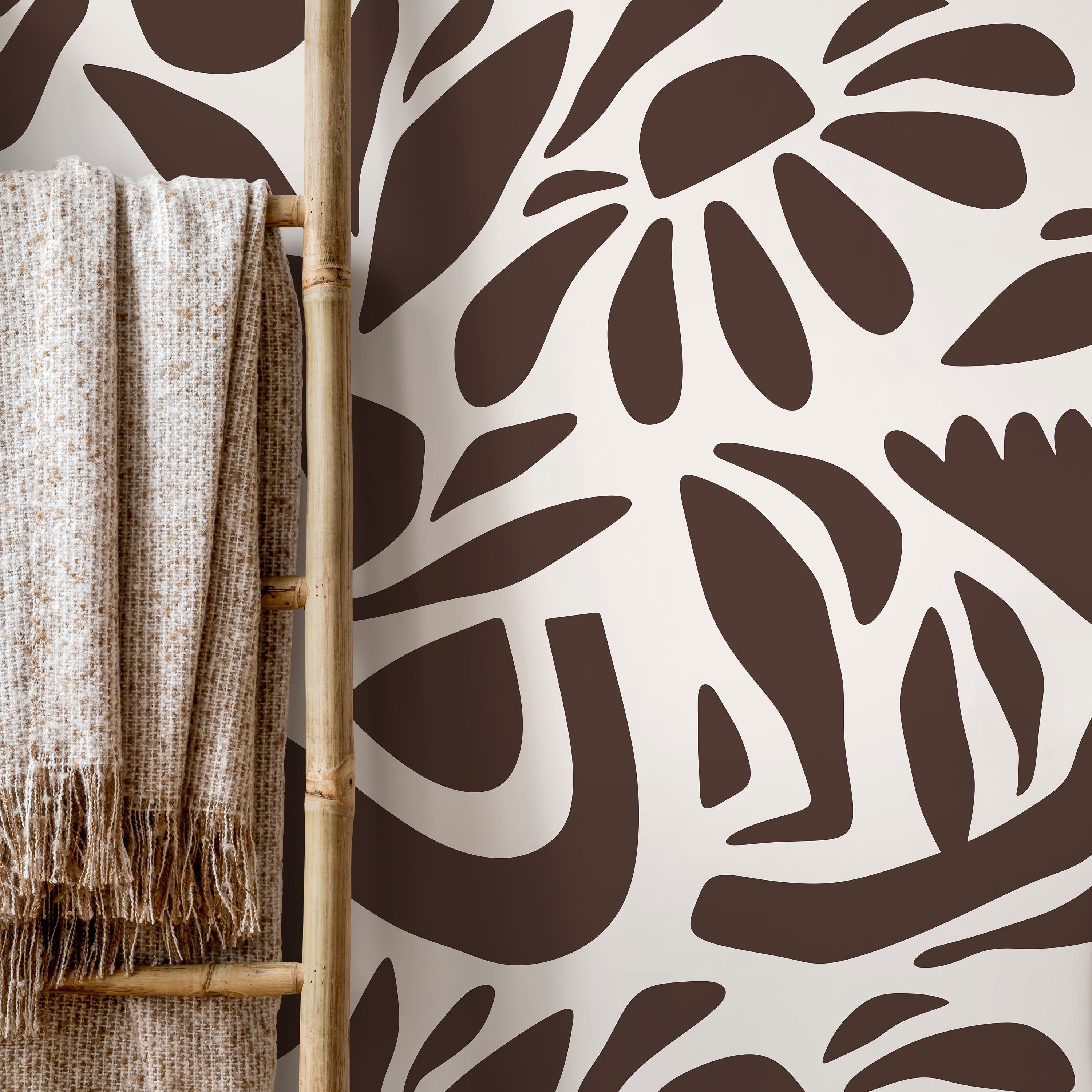 Abstract Floral Wallpaper With A Boho Botanical Motif In Brown And Cream - D673