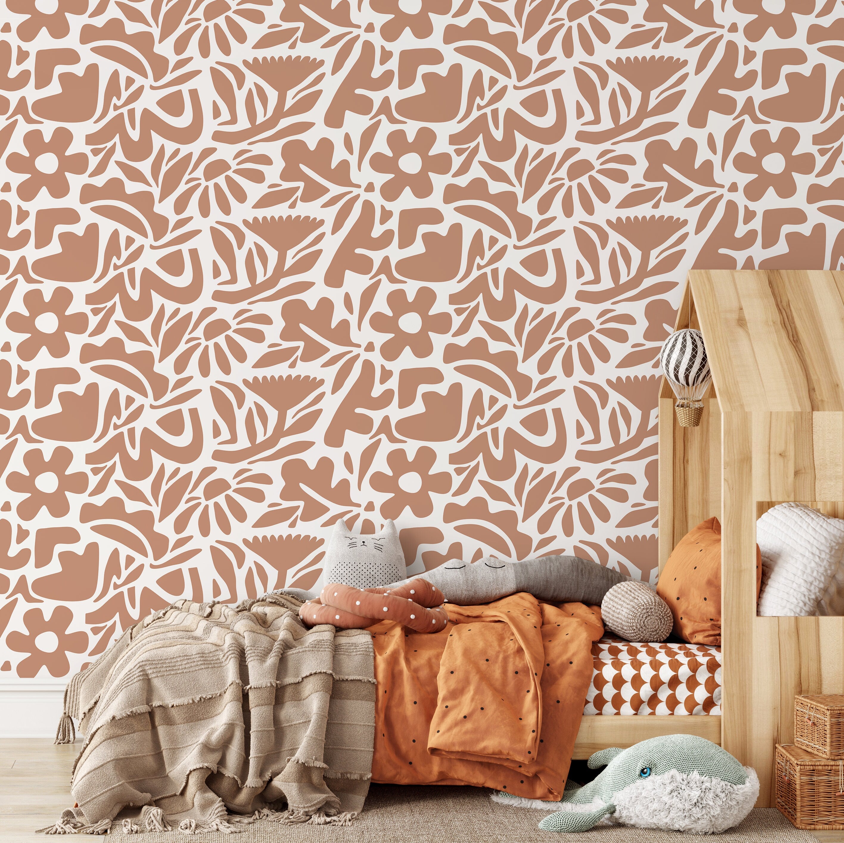 Abstract Floral Wallpaper With A Cutout Botanical Motif In Terracotta Orange - D674
