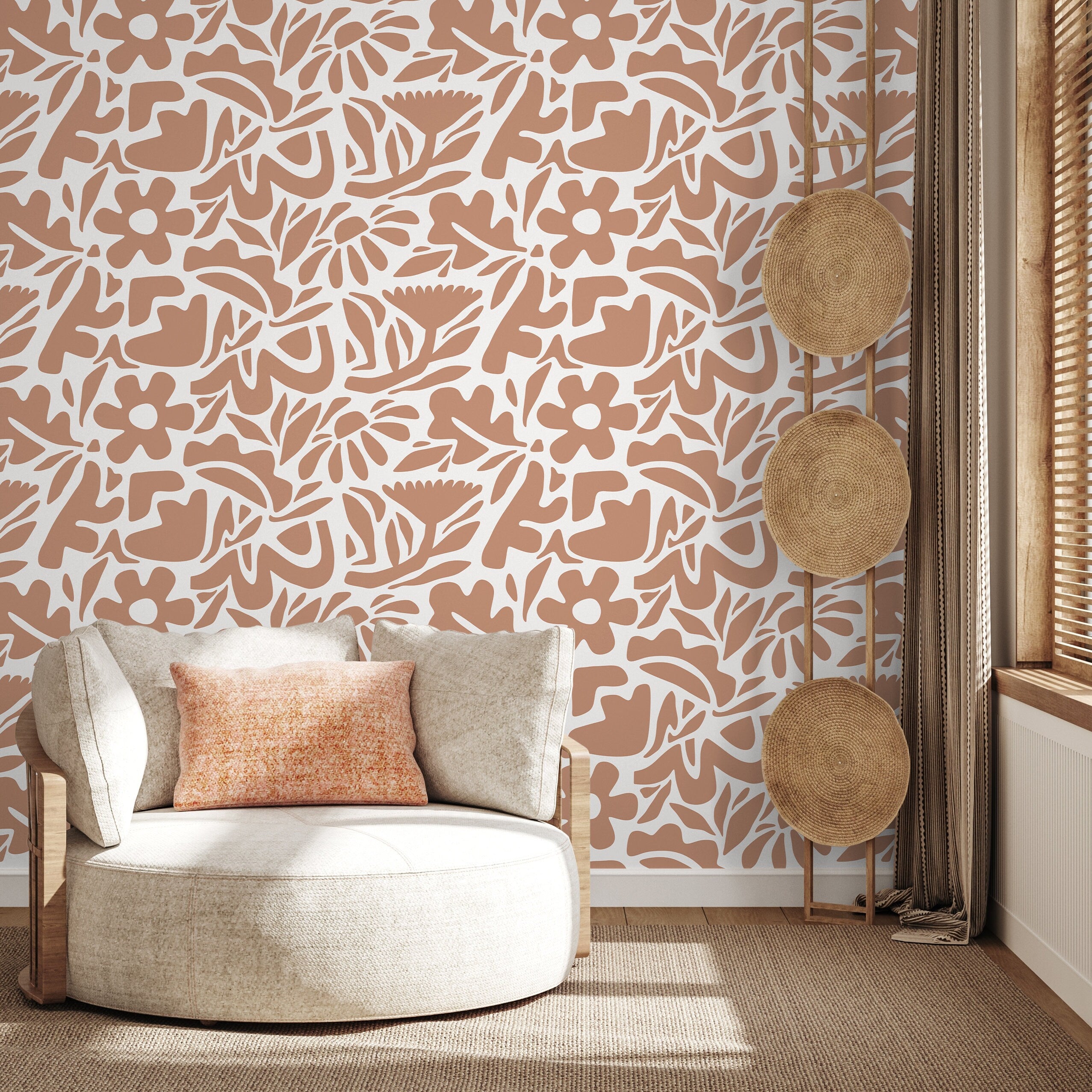 Abstract Floral Wallpaper With A Cutout Botanical Motif In Terracotta Orange - D674