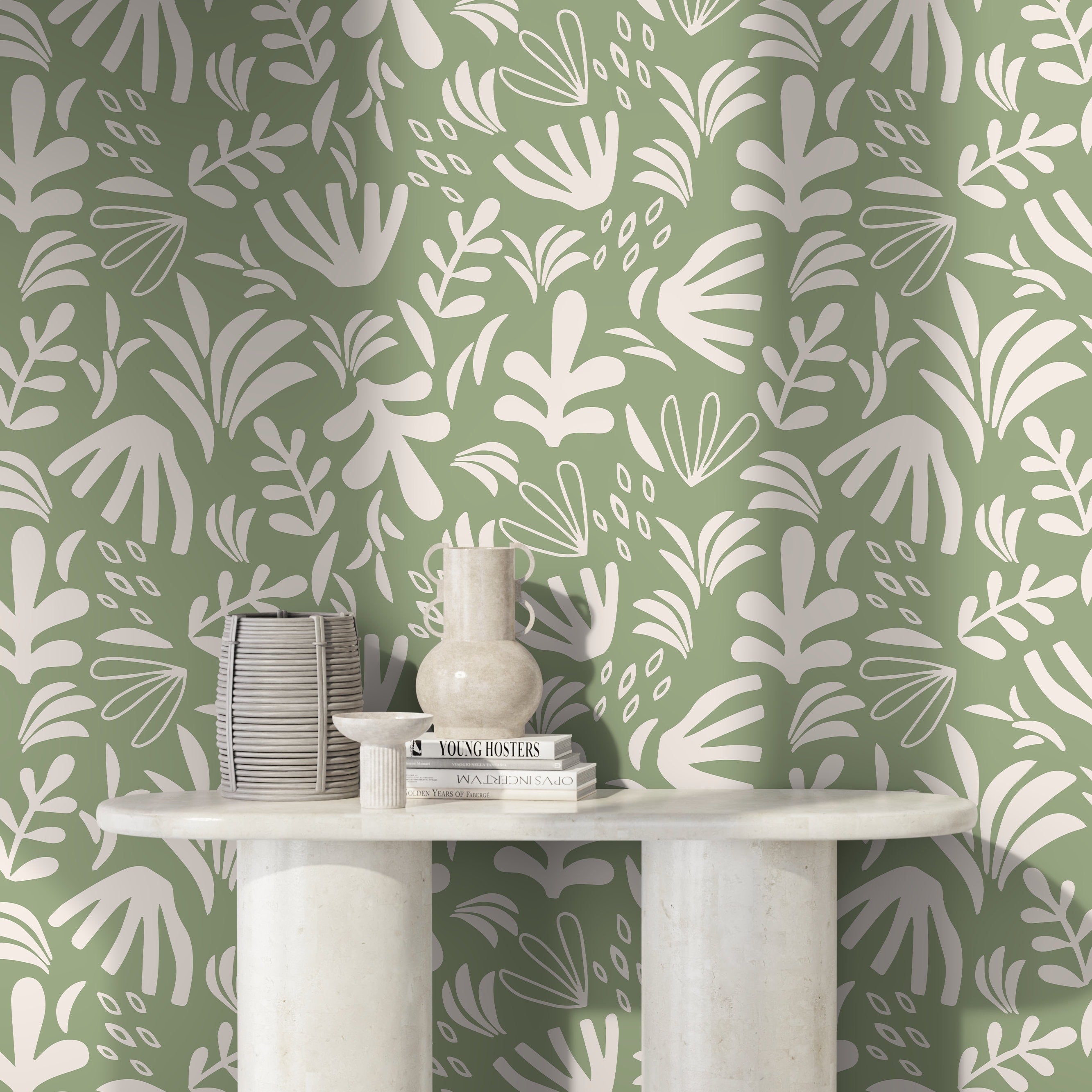 Botanical Wallpaper With Abstract Cutout Shapes In Green And Cream - D676