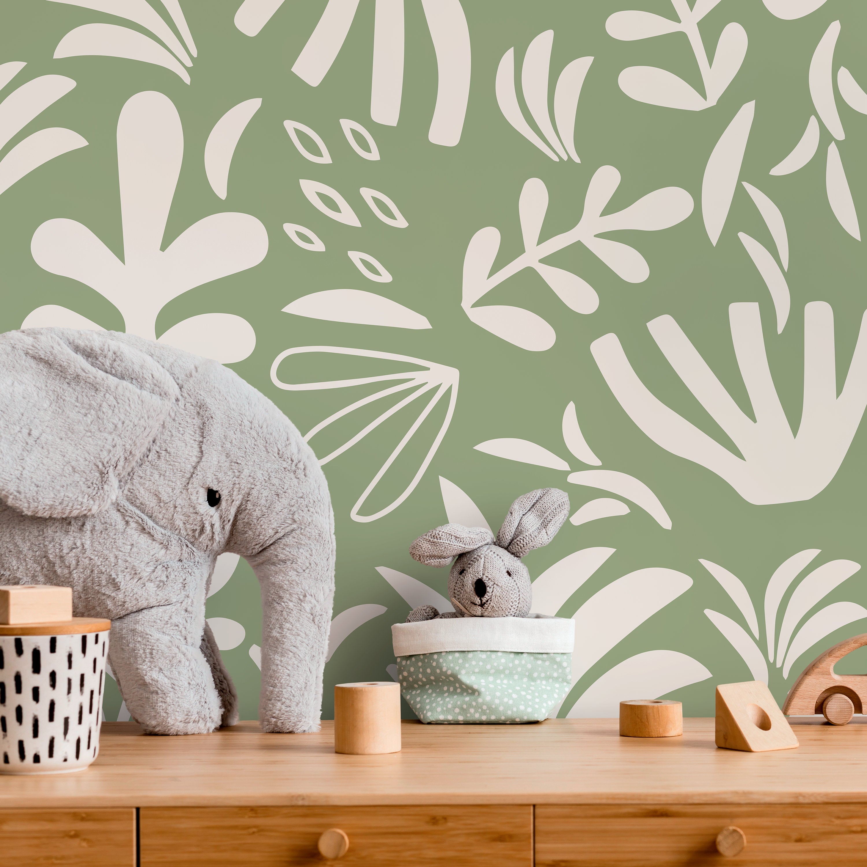 Botanical Wallpaper With Abstract Cutout Shapes In Green And Cream - D676