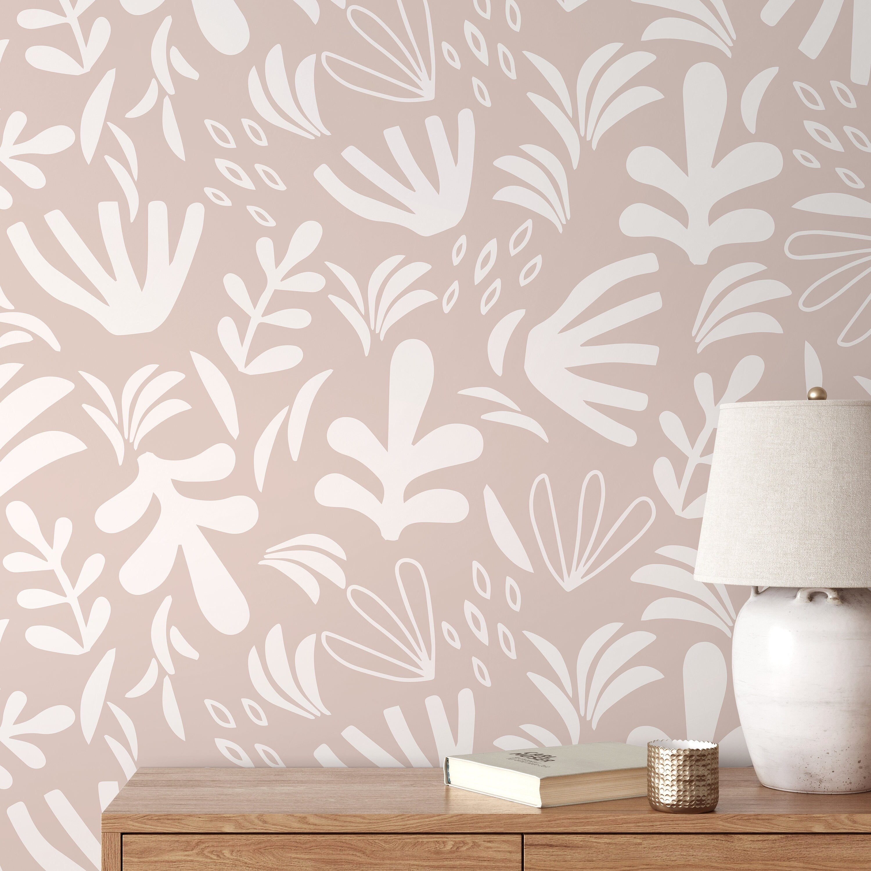 Abstract Wallpaper With A Stylized Garden Motif In Dusty Rose And Cream - D678